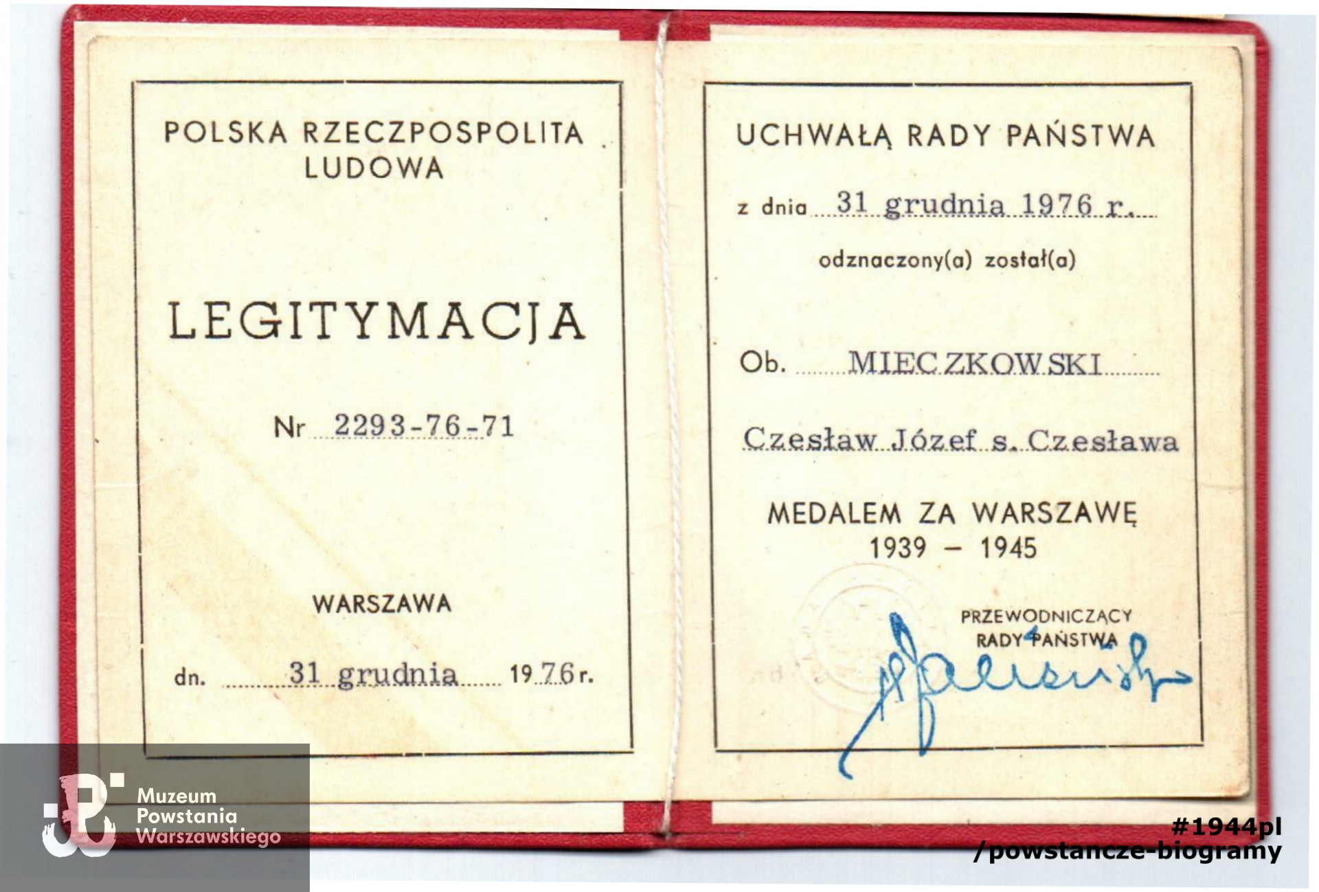 Medal za Warszawę 1939-1945. Dokument ze zbiorów rodzinnych. Skany wykonano w Pokoju Kombatanta MPW, 2019 r. 