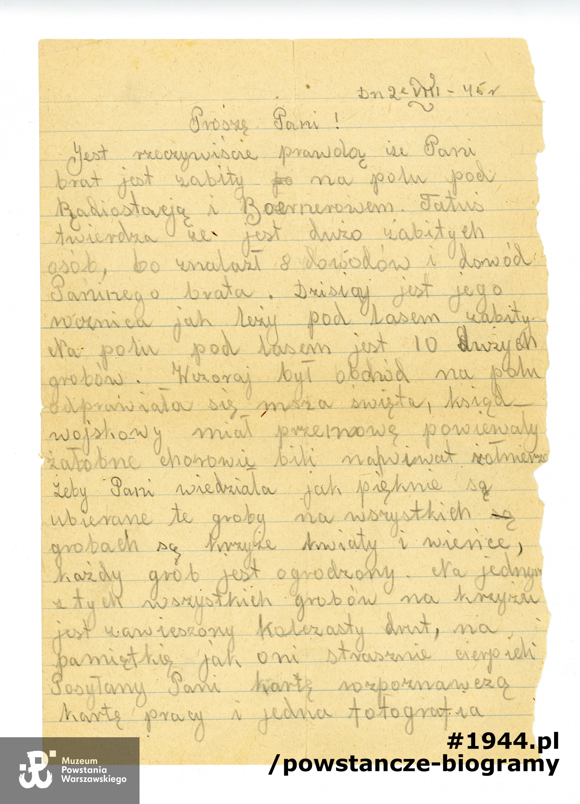 List do siostry Jerzego dotyczący okoliczności śmierci i miejsca pochówku Jurka. List  z archiwum rodzinnego,  udostępniła p. Sylwia Lasocka