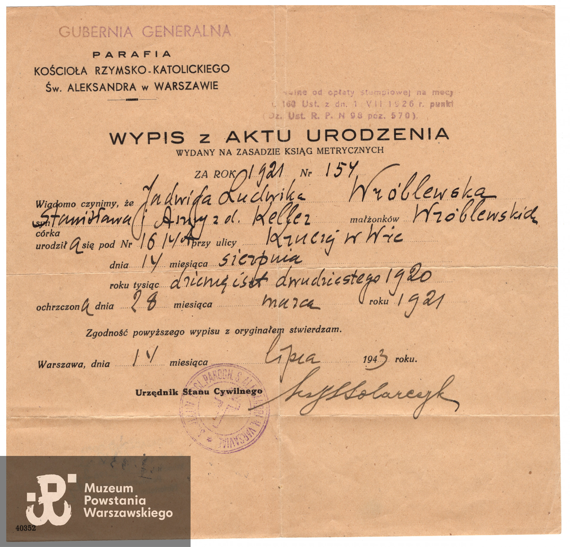 Wypis z aktu urodzenia wydany w czasie okupacji niemieckiej. Ze zbiorów rodzinnych,  skany wykonano w Pokoju Kombatanta MPW, 2023