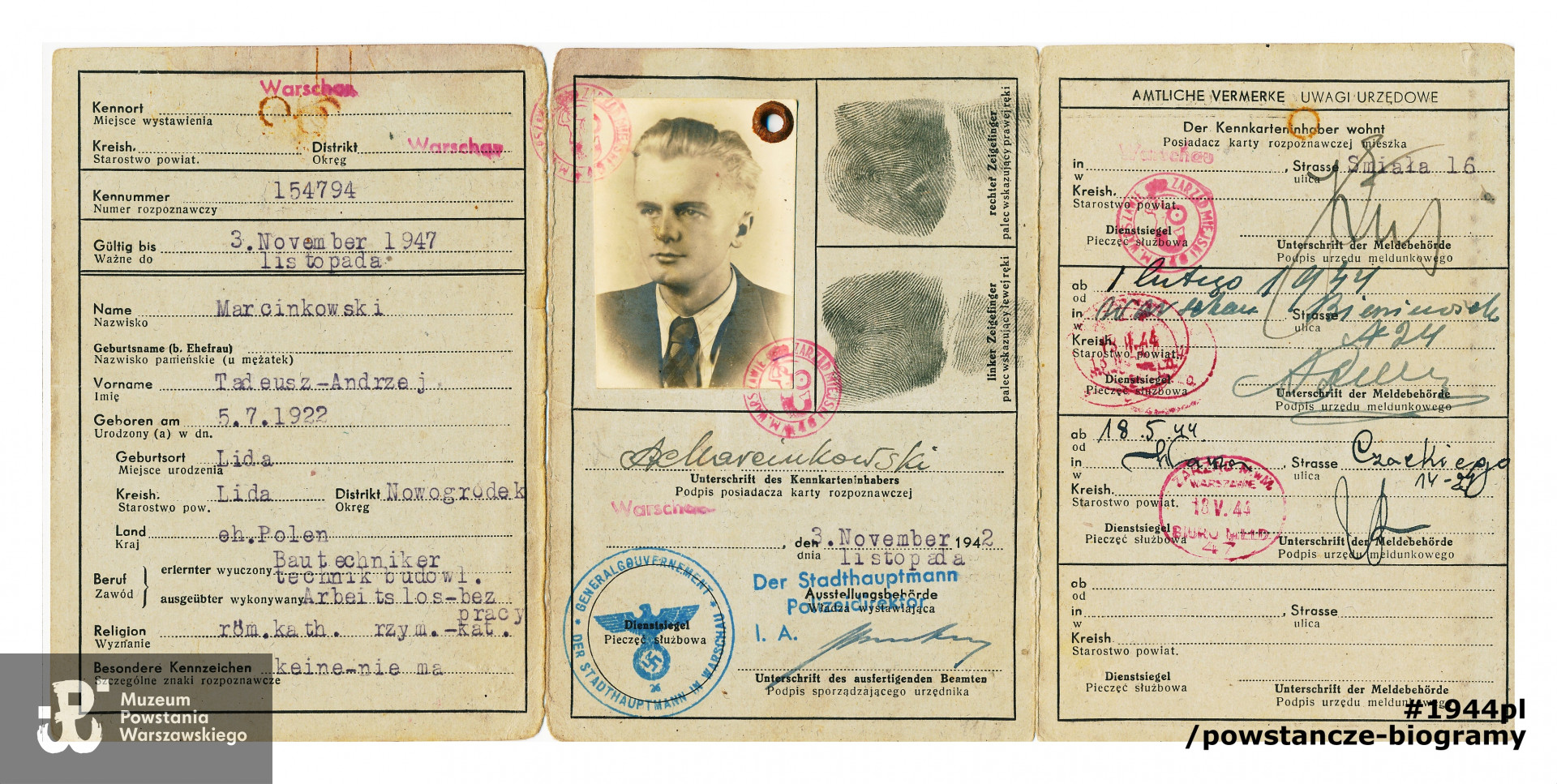 "Lewa" kennkarta na nazwisko Tadeusz Andrzej Marcinkowski