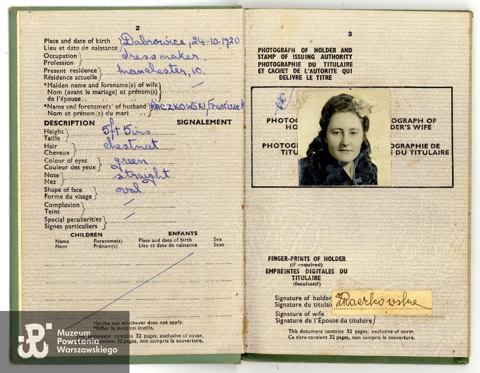 Paszport (Travel Document/Titre de Voyage) wystawiony na nazwisko Zdzisława Raczkowska]. Dokument ze zdjęciem.