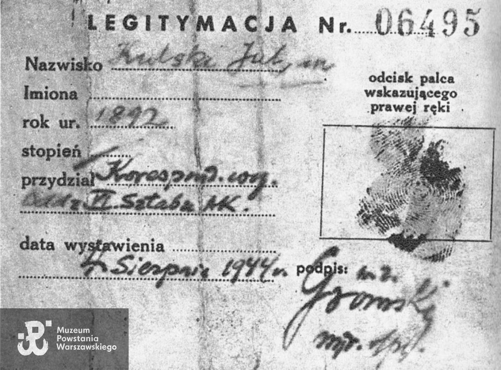 Legitymacja powstańcza Juliana Kulskiego