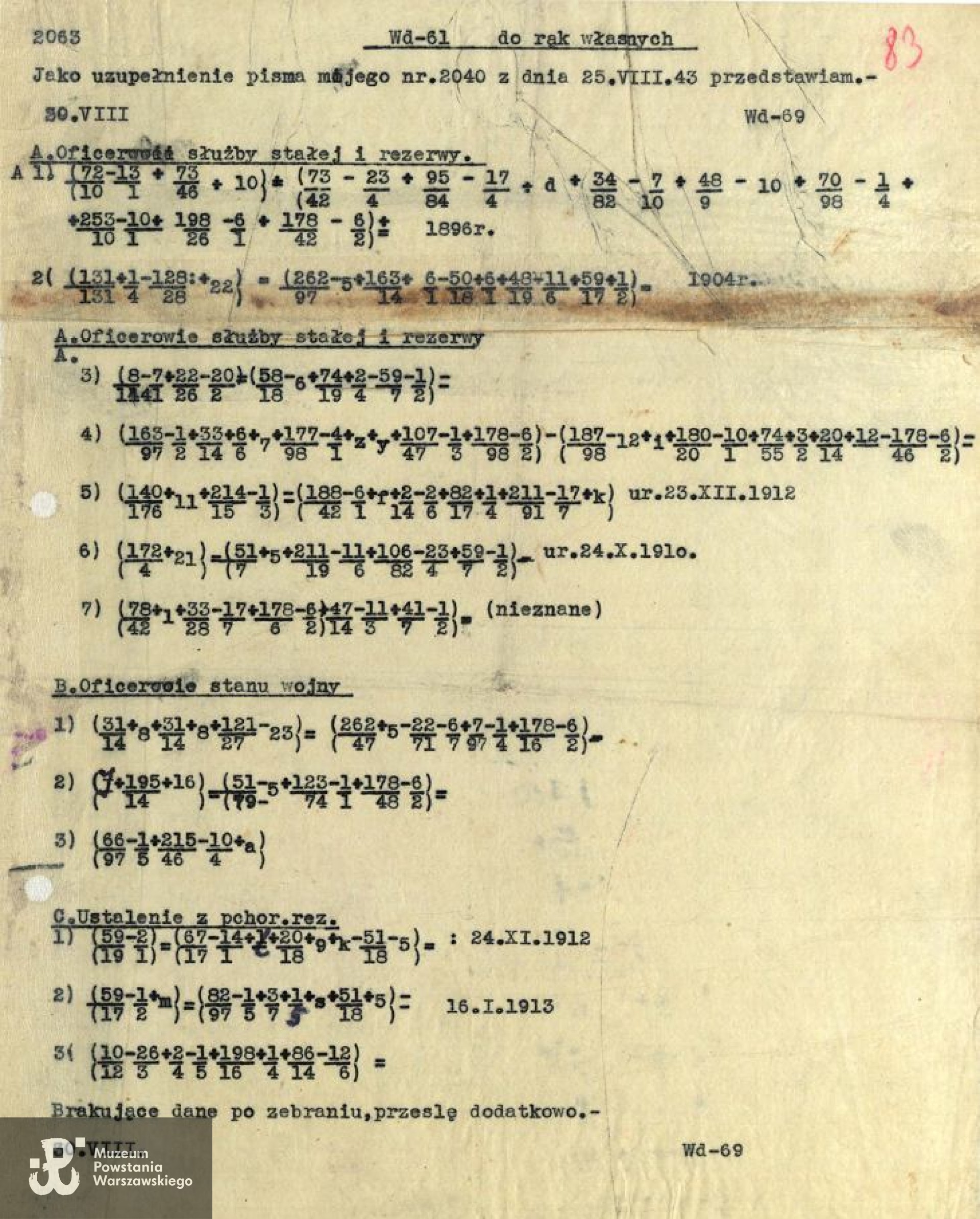 Dokumenty Komendy Głównej Armii Krajowej z zaszyfrowanymi personaliami żołnierzy kontrwywiadu, w tym por. Jana Nowickiego 'Rysia'. (Centralne Archiwum Wojskowe, Wojskowe Biuro Historyczne im. gen. broni Kazimierza Sosnkowskiego)