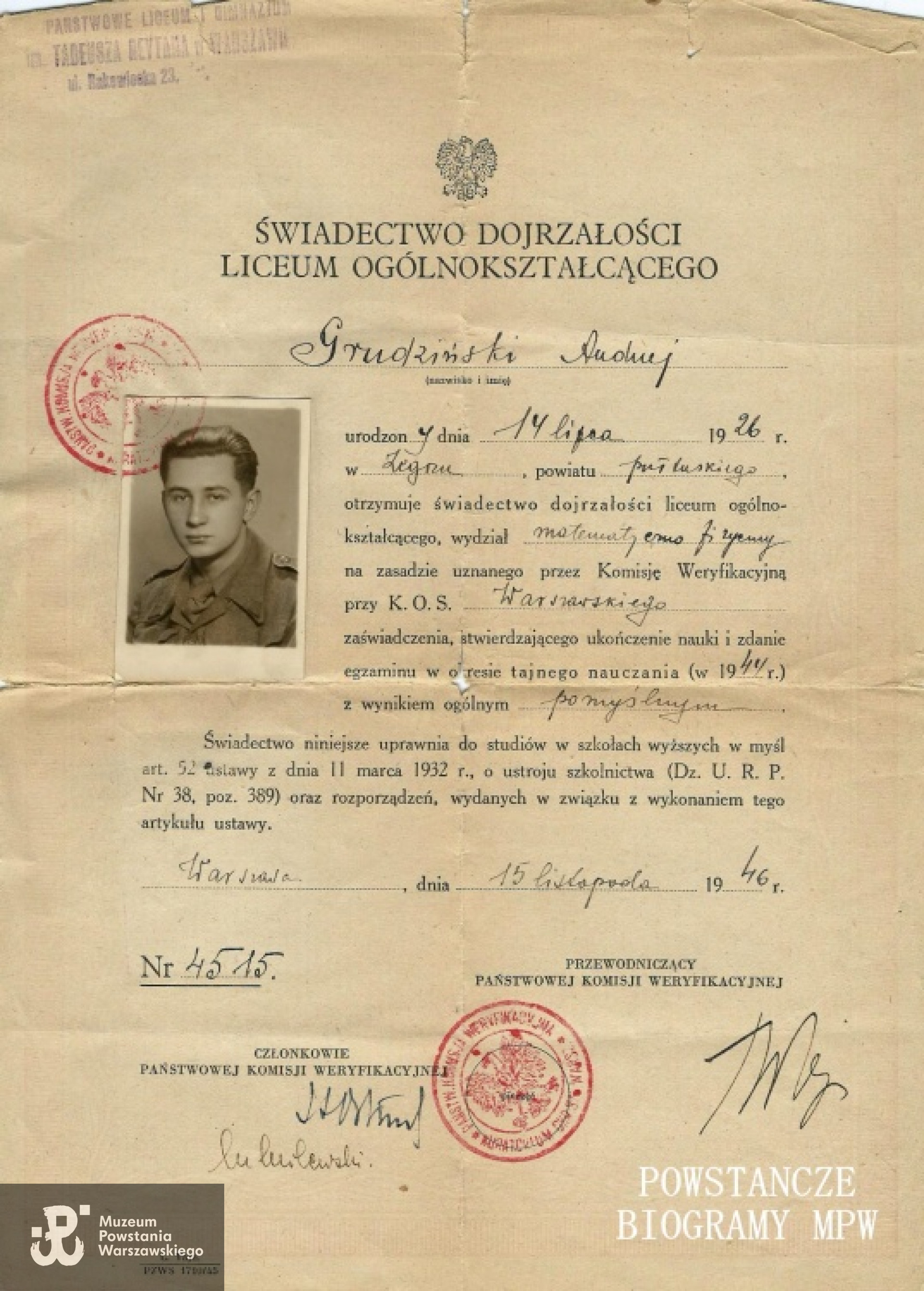 Świadectwo dojrzałości - Warszawa, 15.11.1946 r. Z archiwum rodzinnego Małgorzaty Henschel