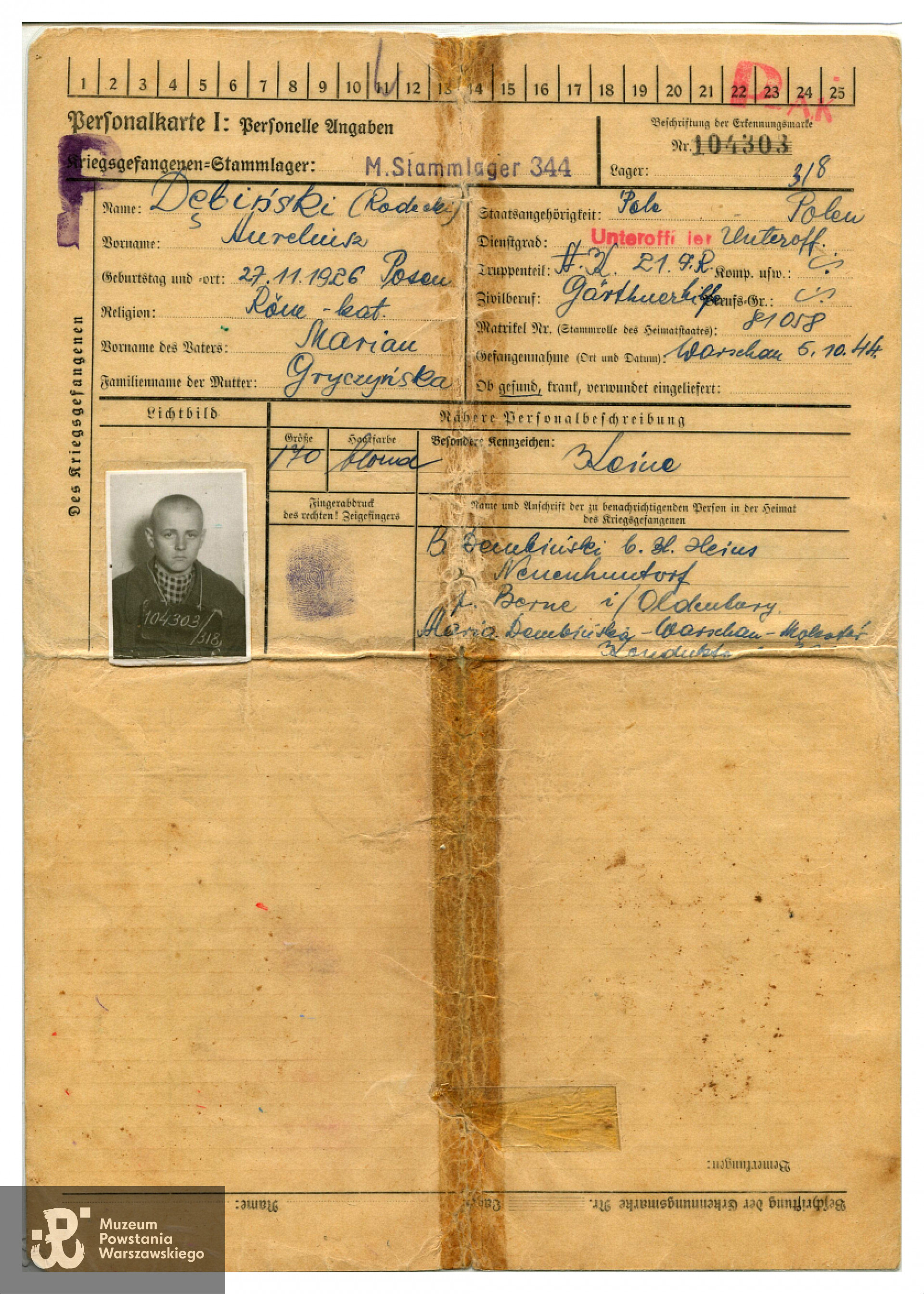 Personalkarte (karta personalna)  Aureliusza Zenona Dembińskiego wystawiona  w Stalagu 344 Lamsdorf. Ze zbiorów Muzeum Powstania Warszawskiego, sygn. MPW-A/3706 