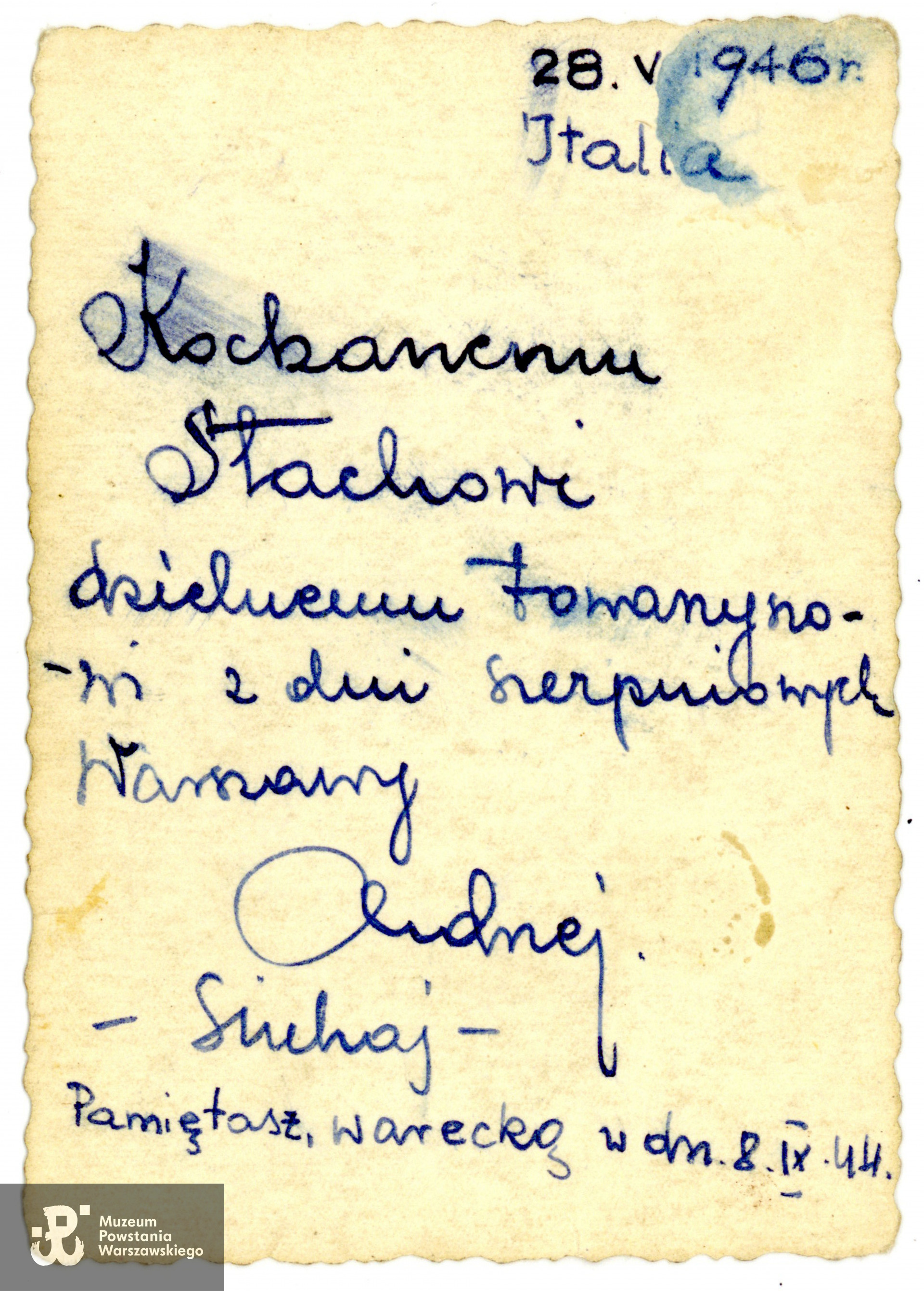Dedykacja "Kochanemu Stachowi" napisana w 1946 roku przez Andrzeja Ferencowicza dla  przyjaciela, Stanisława Kowalewskiego. Fot. ze zbiorów prywatnych p. Arkadiusza Kowalewskiego - spuścizna po Stanisławie Józefie Kowalewskim ps. Komar. Skan wykonano w Muzeum Powstania Warszawskiego, 08/2022