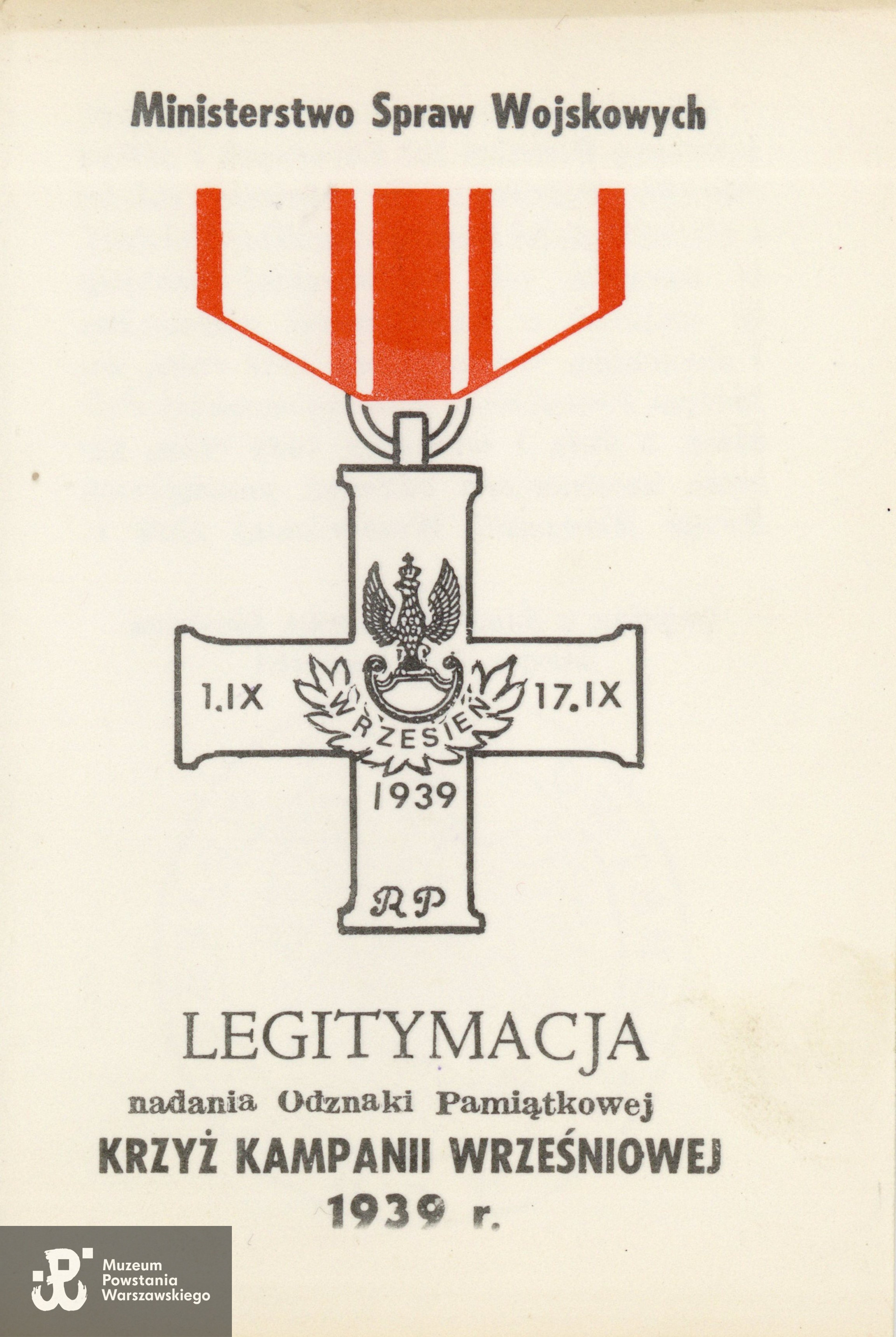 Legitymacja odznaczeniowa - Odznaka Pamiątkowa Krzyża Kampanii Wrześniowej 1939. Zbiory rodzinne, udostępniła  córka, p. Izabela Rola z domu Załoga