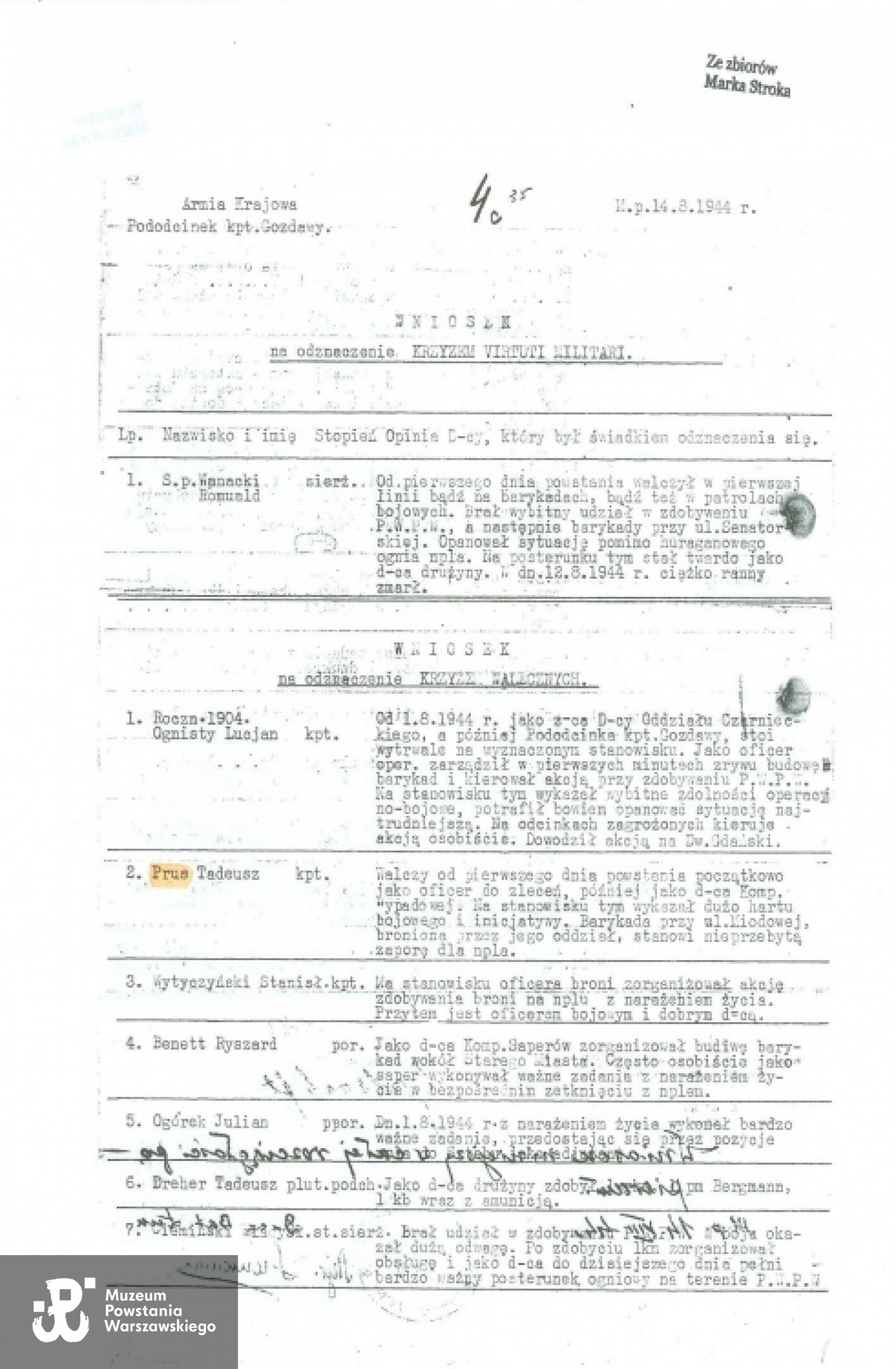 Wniosek na odznaczenie Krzyżem Walecznych (14.08.1944) Ze zbiorów Marka Stroka / MPW