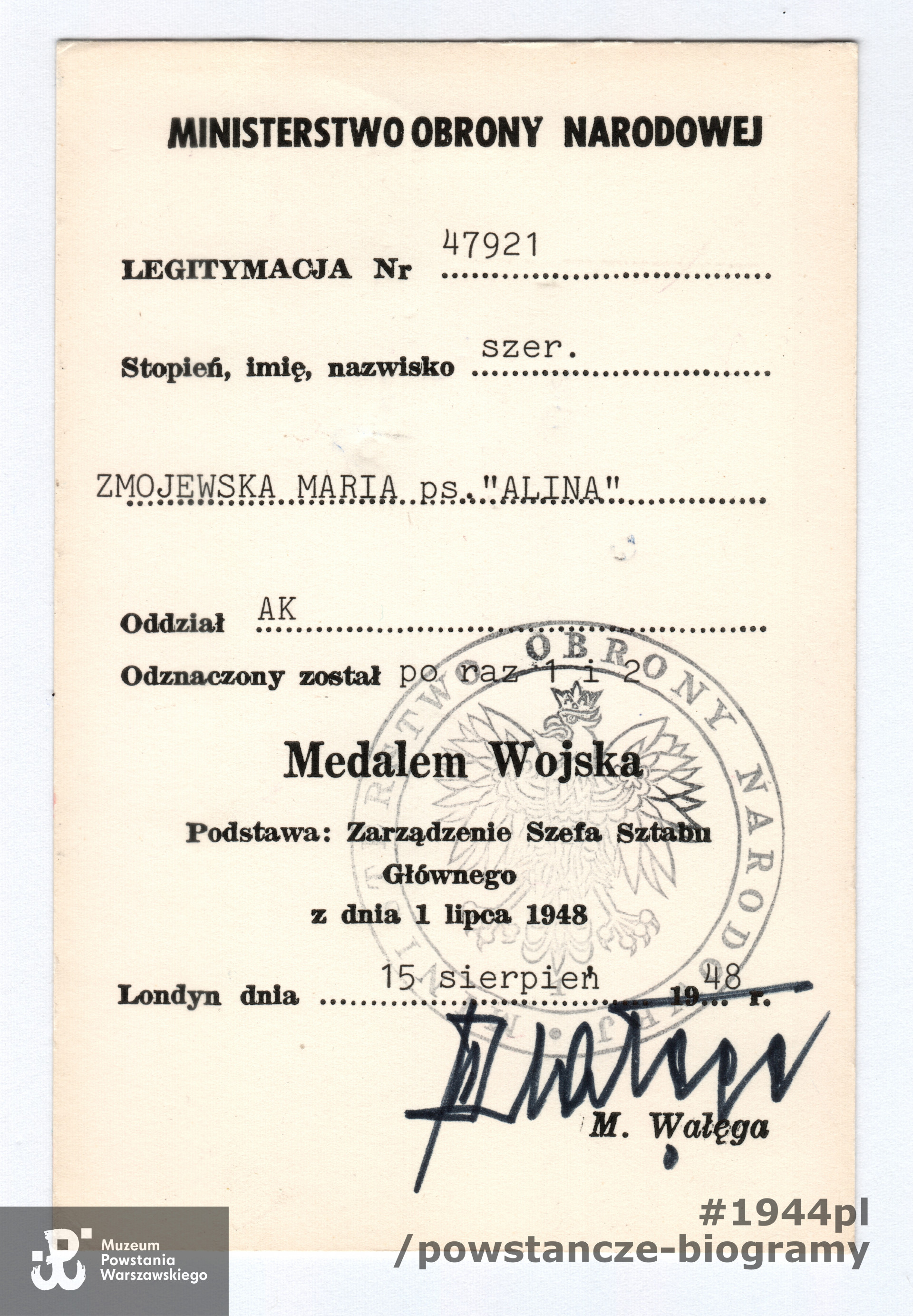 Legitymacja odznaczeniowa - Medal Wojska. Ze zbiorów p. Marii Znojewskiej