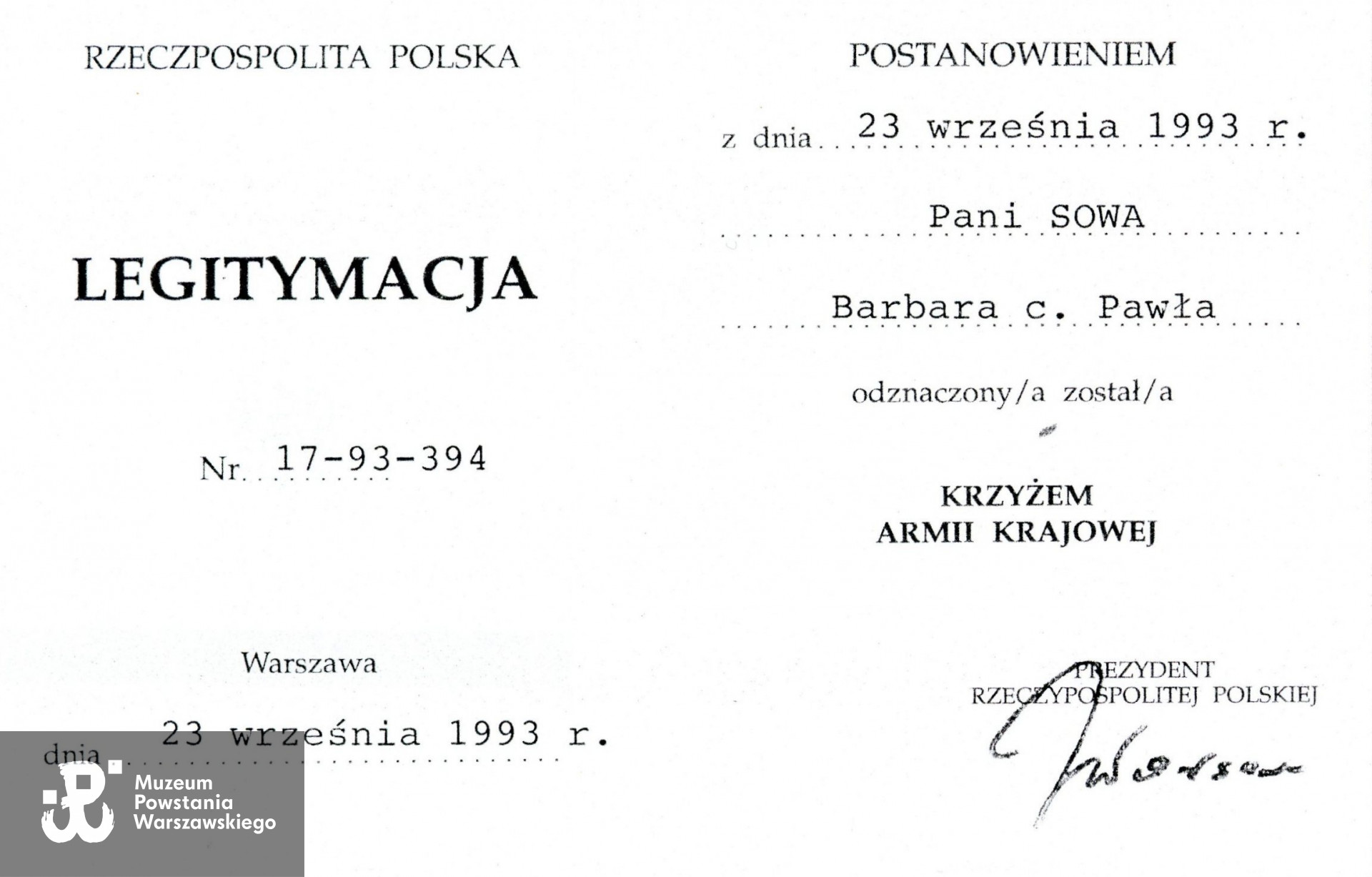 Źródło: Muzeum Powstania Warszawskiego, Teczki personalne uczestników Powstania Warszawskiego: Gettel Barbara Janina, zasób Pokoju Kombatanta MPW