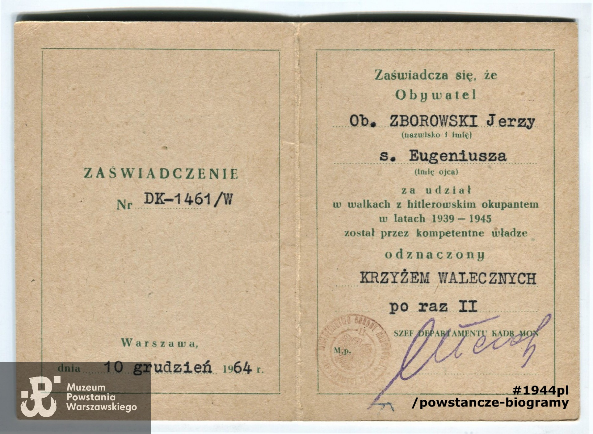 Dokument ze zbiorów  rodzinnych p. Krystyny Zborowskiej - Nurek 