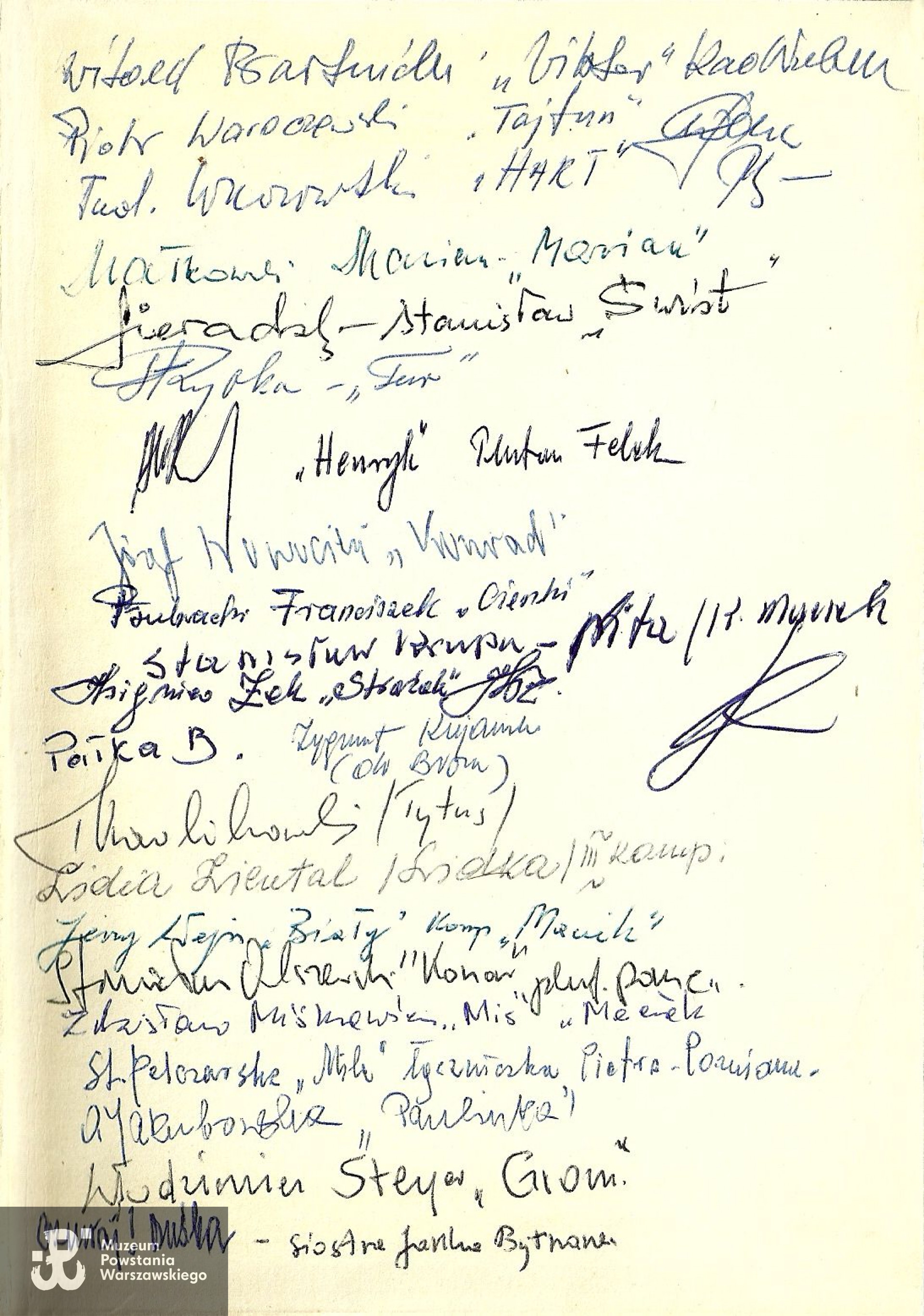 Podpisy żołnierzy batalionu "Zośka". Ze zbiorów rodzinnych, skan nadesłał p. Bogdan Horodyski