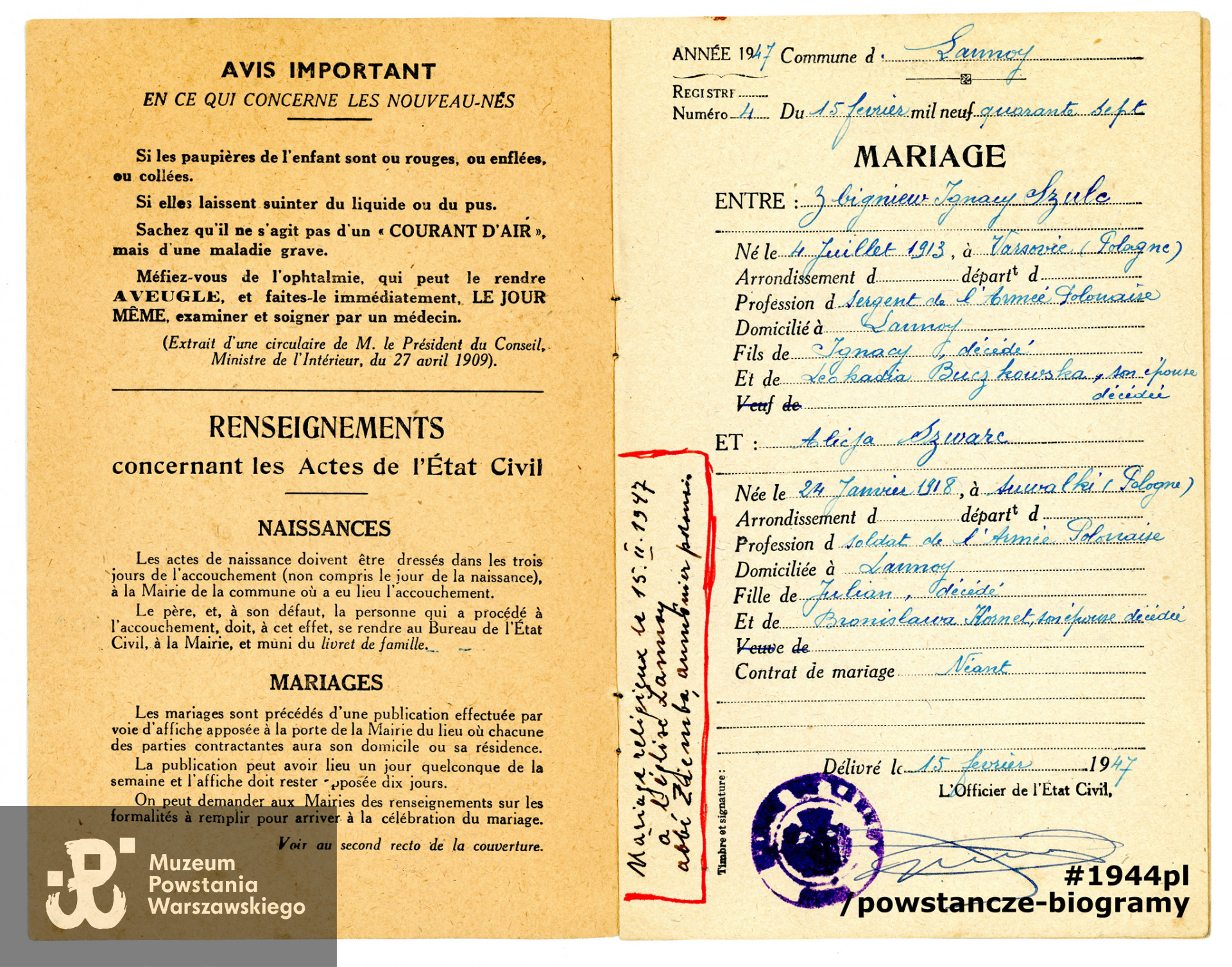 Akt małżeństwa (Marriage Certificate). Dokument ze  zbiorów rodzinnych, skan udostępnił p. Adam Szwarc