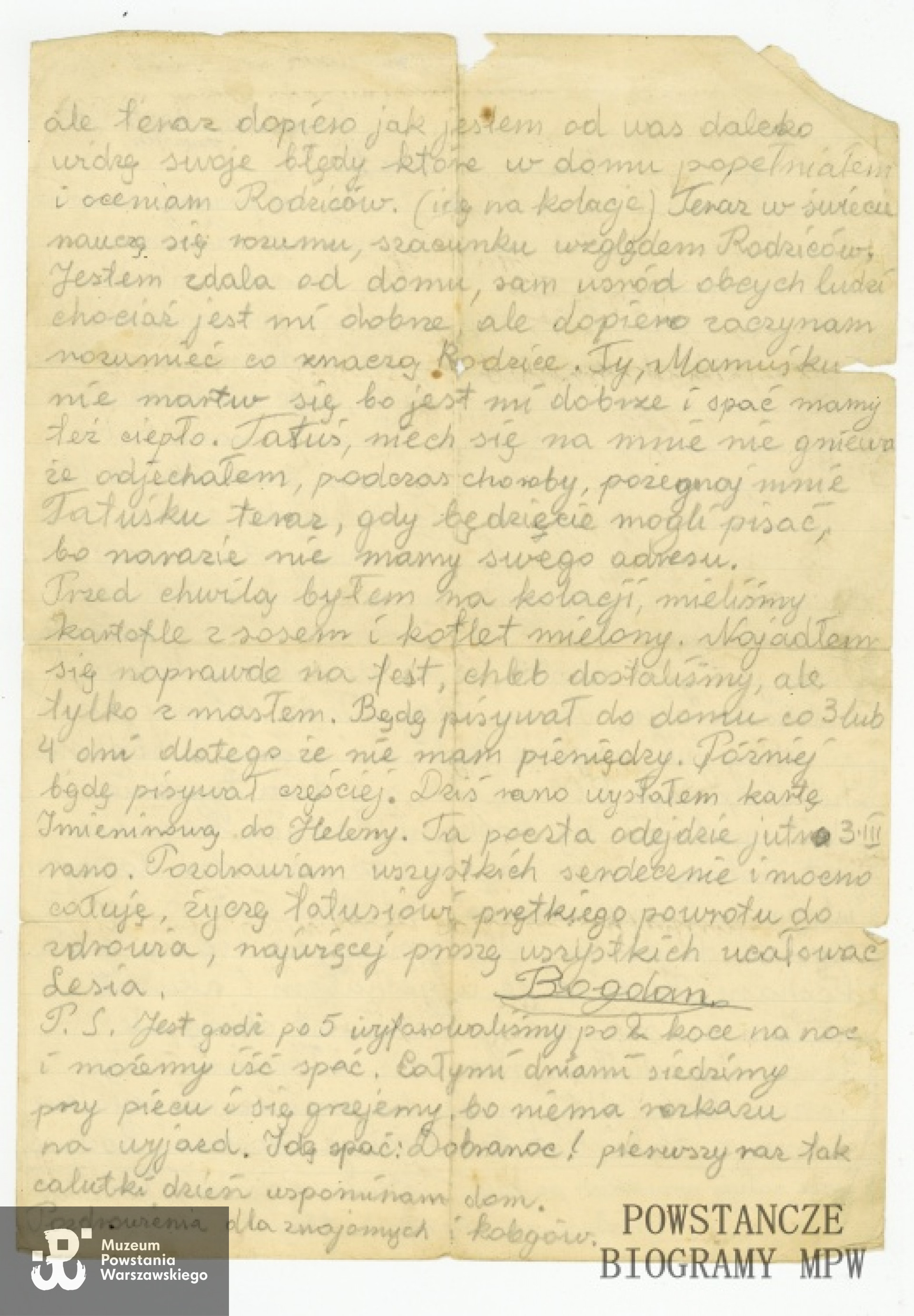 Ostatni list Bogusława (Bogdana) Kaliwoszki do matki. Z archiwum rodzinnego Wandy Łechtańskiej, obecnie w zbiorach Muzeum Powstania Warszawskiego, sygn. P/8352