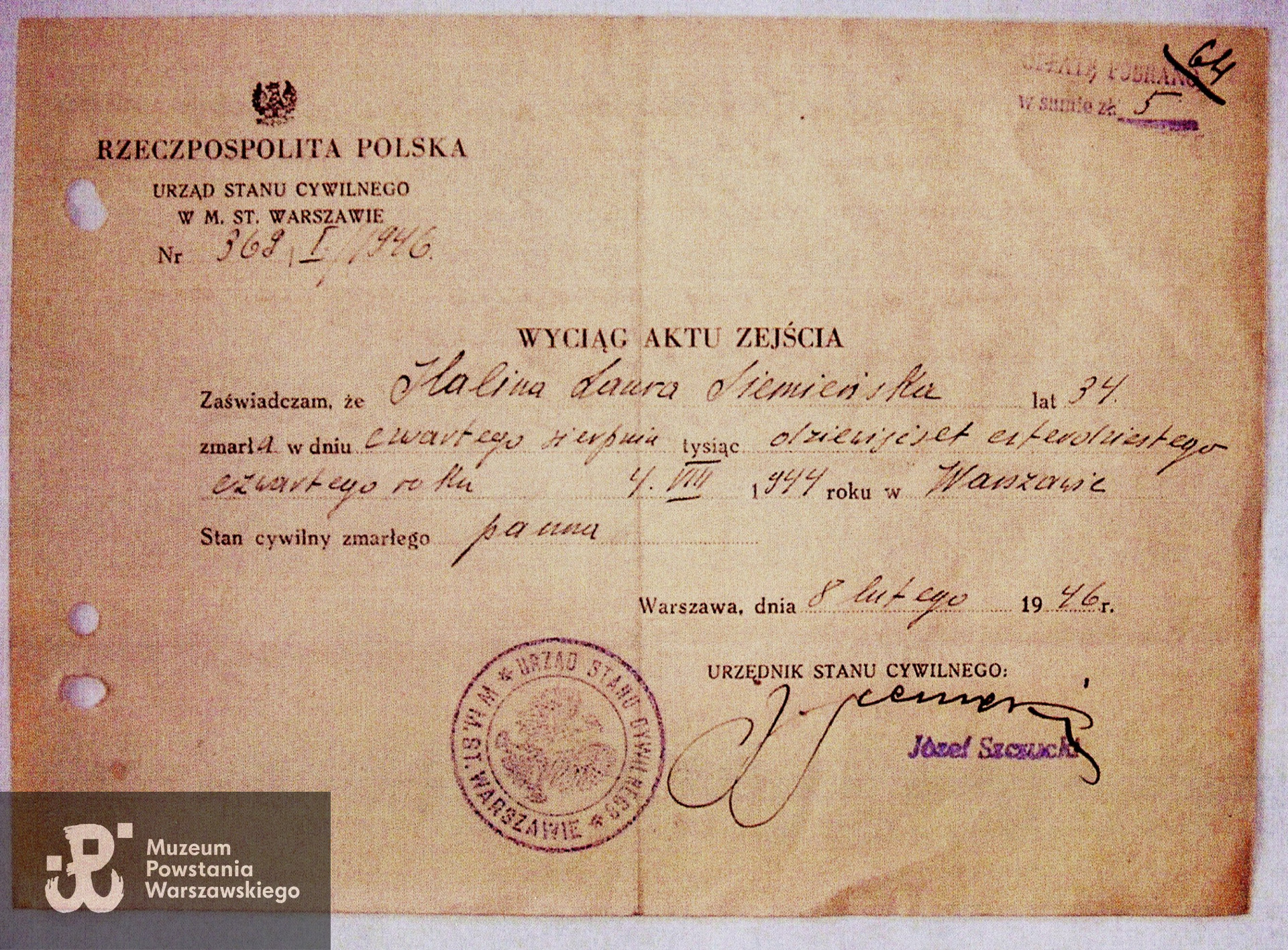 Zarząd Cmentarzy Komunalnych w Warszawie - Cmentarz Wojskowy, Księga Pochowań: kopia aktu zejścia. Tu podany wiek poległej - 34 lata 