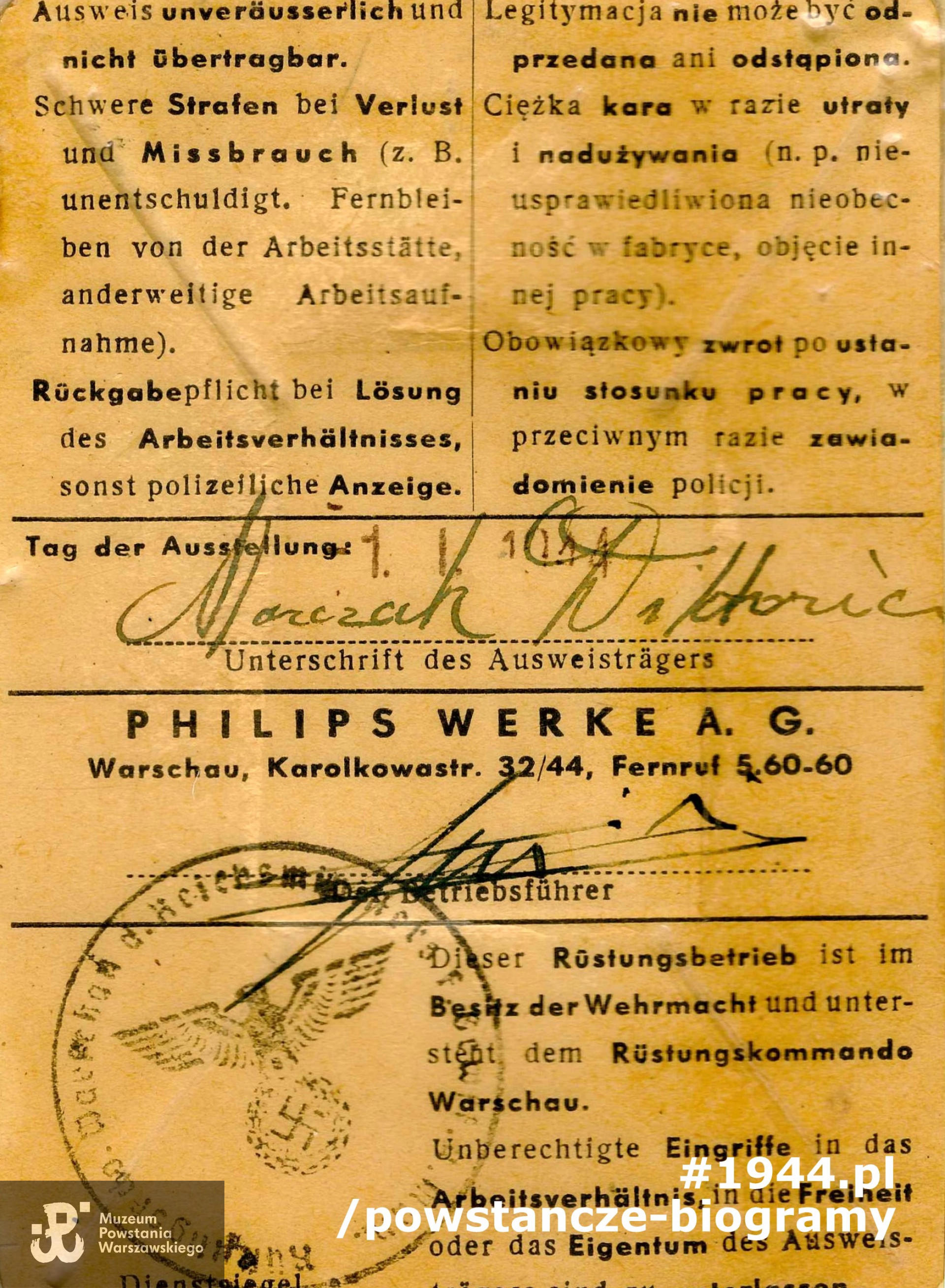 Należący do Wiktorii Marczak Werk-Ausweis - dokument wystawiony w Zakładach Philipsa (Philips Werke A.G.). Ze zbiorów Muzeum Powstania Warszawskiego, sygn. P/7891