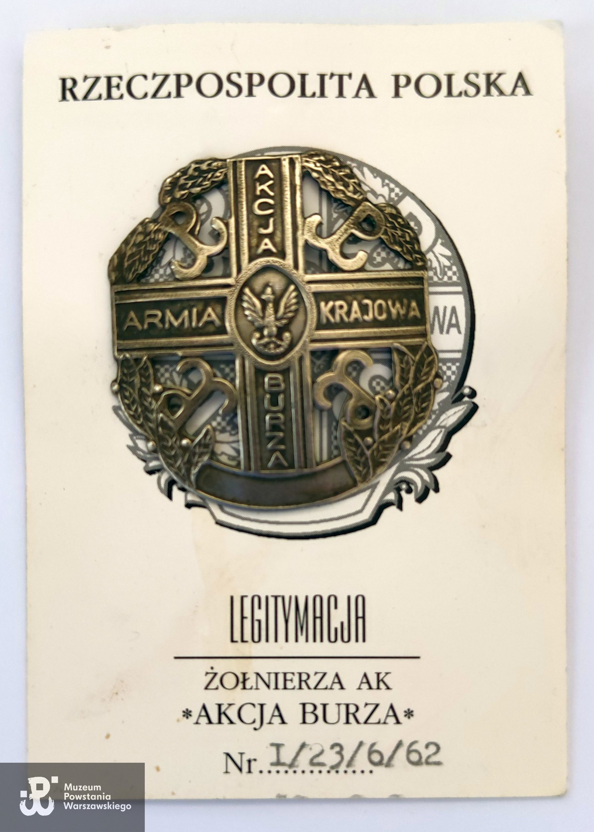 Legitymacja Odznaki Pamiątkowej Akcji "Burza". Ze zbiorów p. Marii Znojewskiej