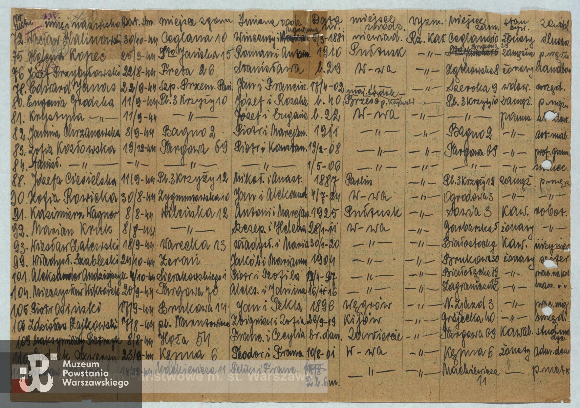 Archiwum Państwowe m. st. Warszawy - Listy ekshumowanych