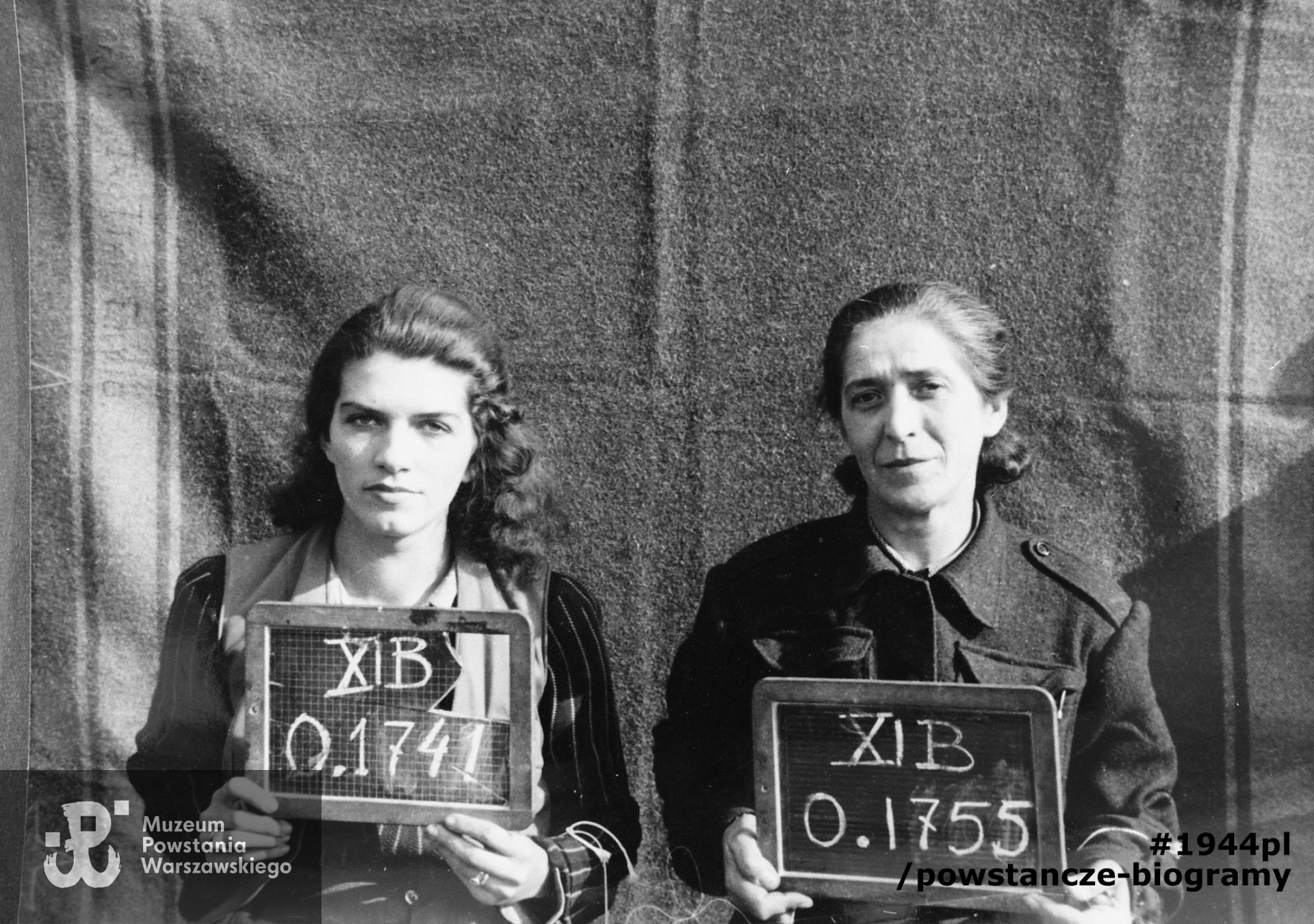 Fotografia wykonana po Powstaniu Warszawskim w  obozie jenieckim XIB  Fallingbostel. Z numerem jenieckim 0.1741 ppor. Barbara Cierlich "Stella, Moris", obok - po prawej  ppor. Romana Koebowa "Roma", numer jeńca 0.1755. Fot. ze zbiorów Muzeum Powstania Warszawskiego, sygn. MPW-IH/4684