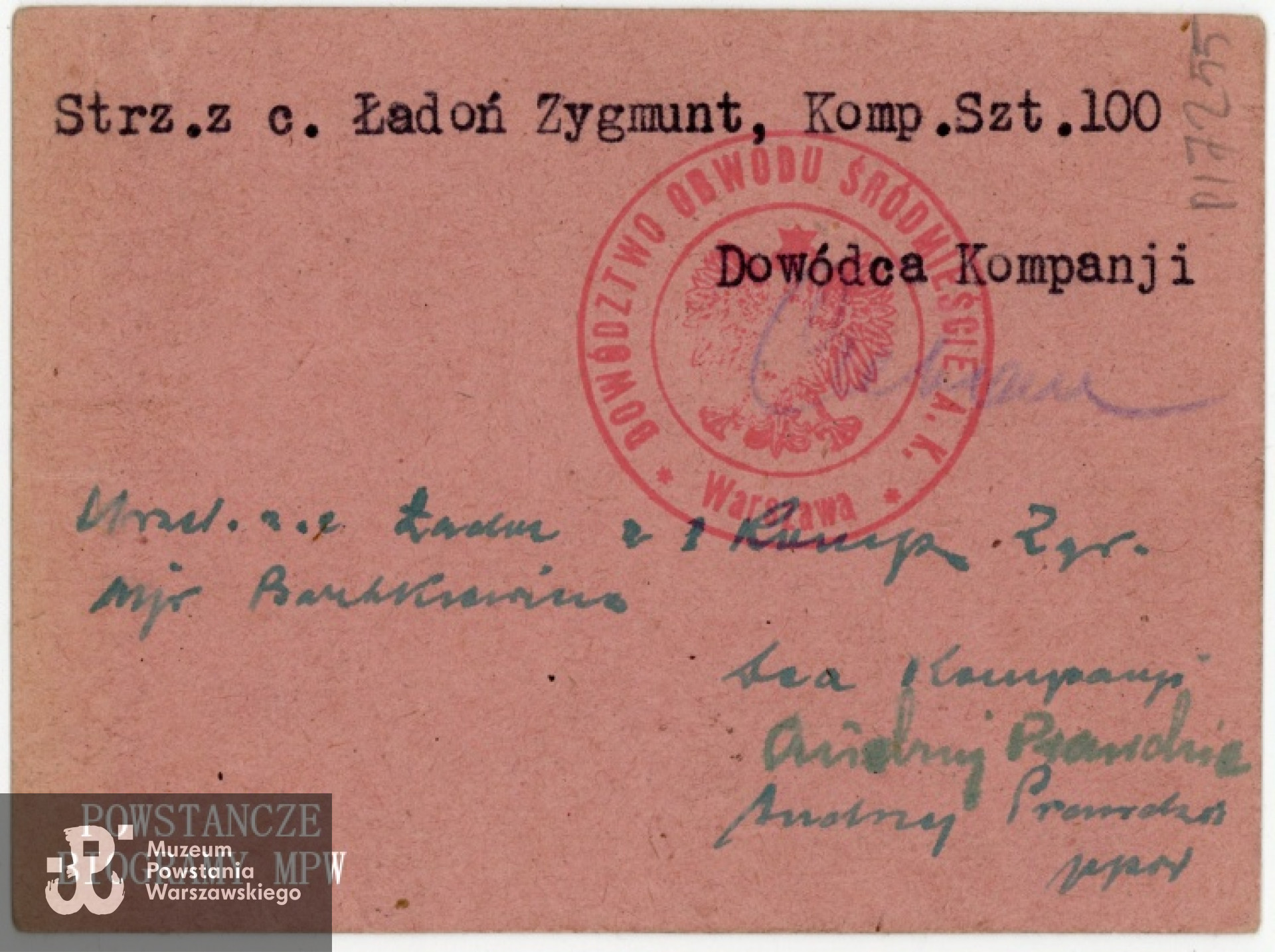 Legitymacja Armii Krajowej; Ładoń Zygmunt, pieczęć okrągła Dowództwa Obwodu Śródmieście AK. Ze zbiorów Muzeum Powstania Warszawskiego, sygn. P/7255
