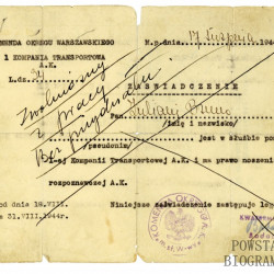 Zaświadczenie z 7.08.1944 r. Ze zbiorów Muzeum Powstania warszawskiego, sygn. P/8594, przekazał syn, p.Cristoforo Cesare Zuliani