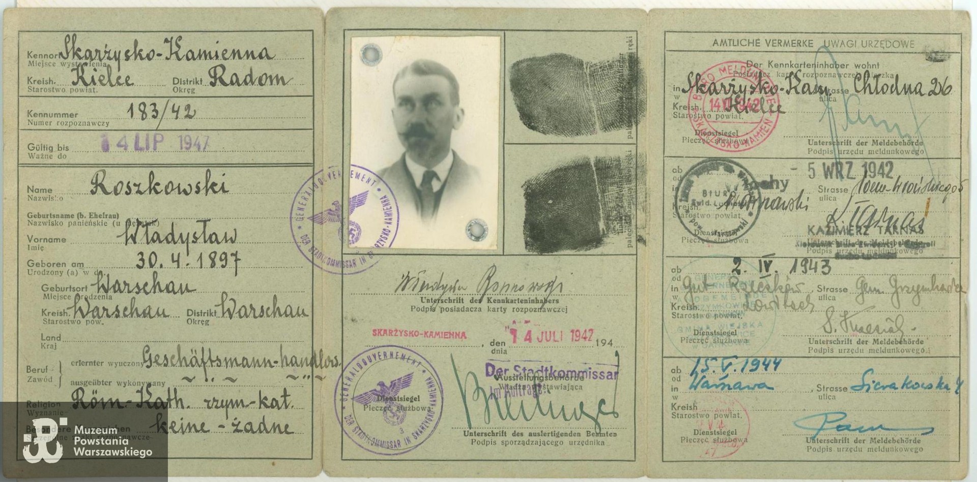 Kenkarta Stanisława Wasilewskiego wystawiona na fałszywe nazwisko Władysław Roszkowski.  