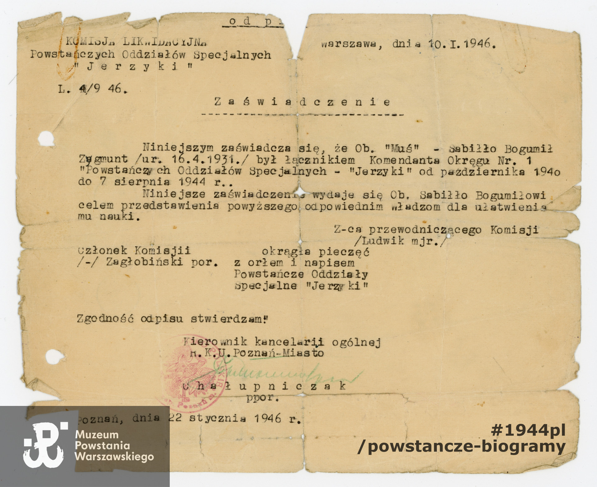 Dokument ze zbiorów rodzinnych, udostępnił p. Bogumił Sabiłło