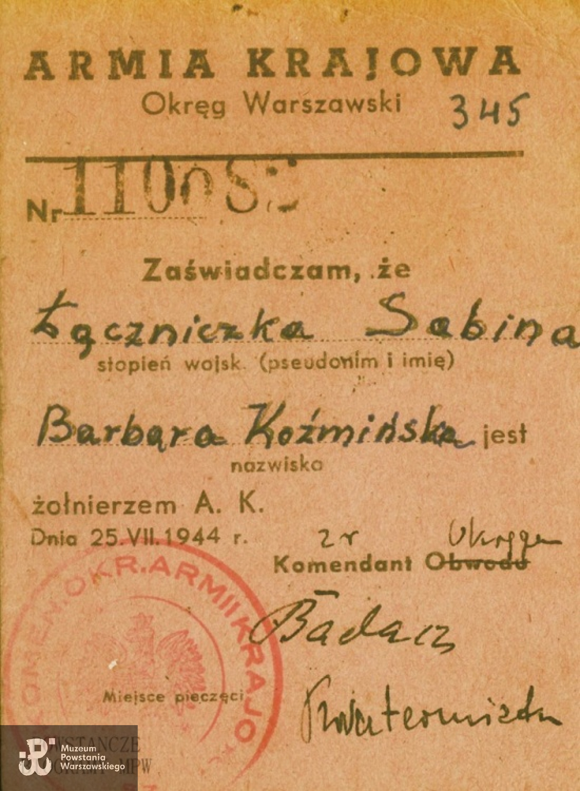 Należąca do Barbary Koźmińskiej legitymacja AK. Fot. z archiwum rodzinnego Marii Piradoff - Link / MPW