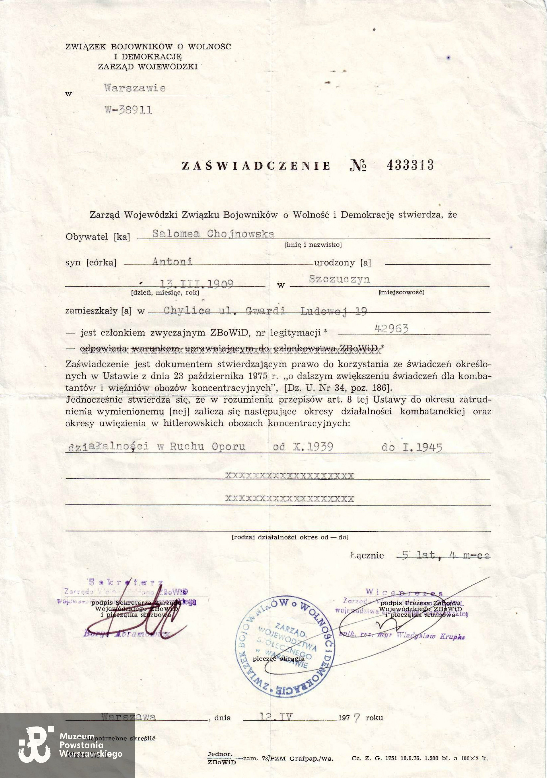 Zaświadczenie ZBoWiD. Ze zbiorów archiwum Zgromadzenia Sióstr Miłosierdzia św. Wincentego a Paulo, skan udostępniła S. Jadwiga Kisielewska SM