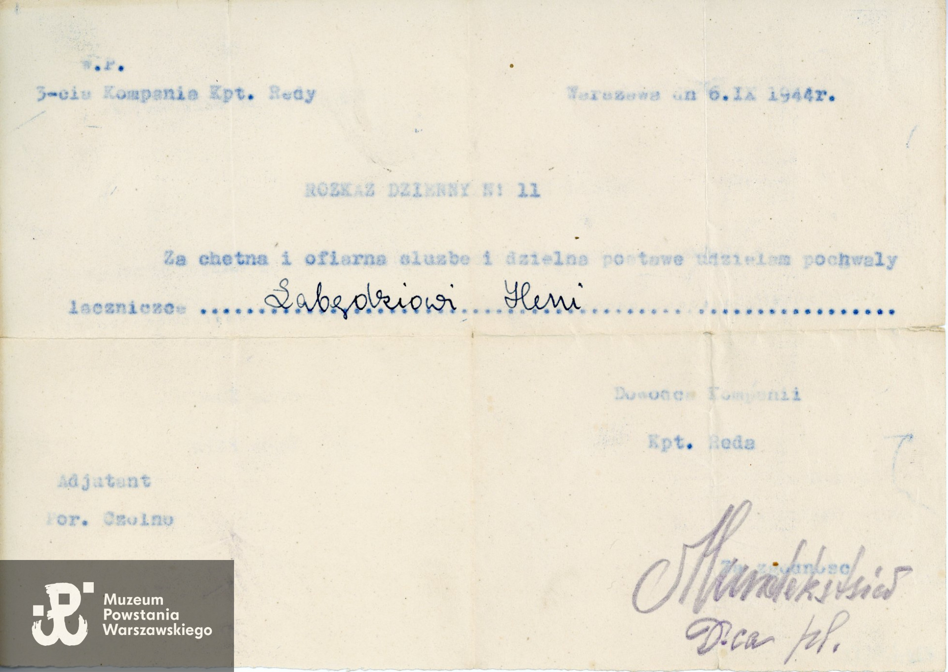 Rozkaz dzienny nr 11 z pochwałą dla łączniczki Krystyny Kozickiej ps. "Łabędź", "Henia". Zbiory Muzeum Powstania Warszawskiego; sygn. MPW-A-9671
