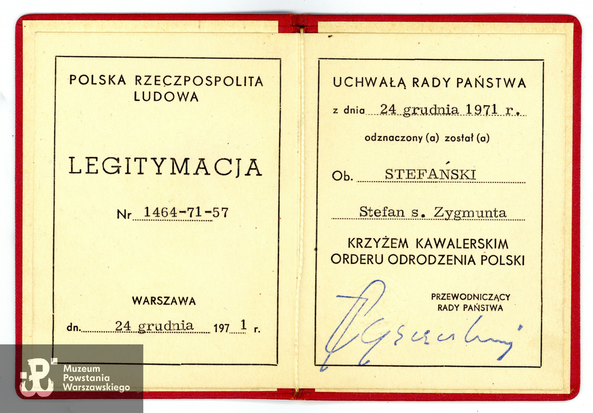 Legitymacja odznaczeniowa - Krzyż Kawalerski Orderu Odrodzenia Polski.  Ze zbiorów Muzeum Powstania Warszawskiego, sygn. P/5030Legitymacja odznaczeniowa - 