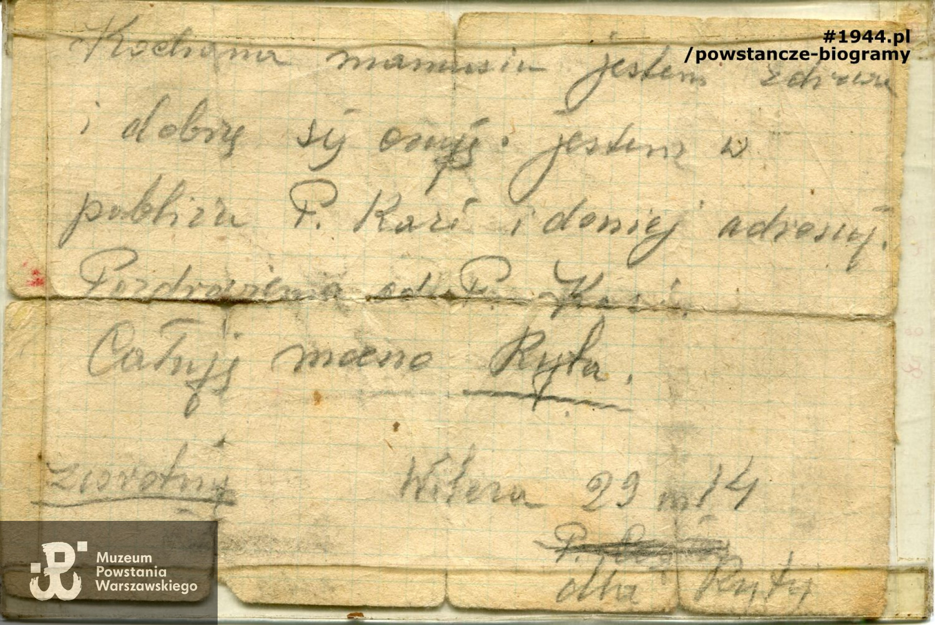 List z Harcerskiej Poczty Polowej sanitariuszki Haliny Wojtyś (po wojnie Gąsior) ps.  „Rita” do matki Anny Wojtyś. Ze zbiorów Muzeum Powstania Warszawskiego, sygn. MPW-A/1887 (P/603)