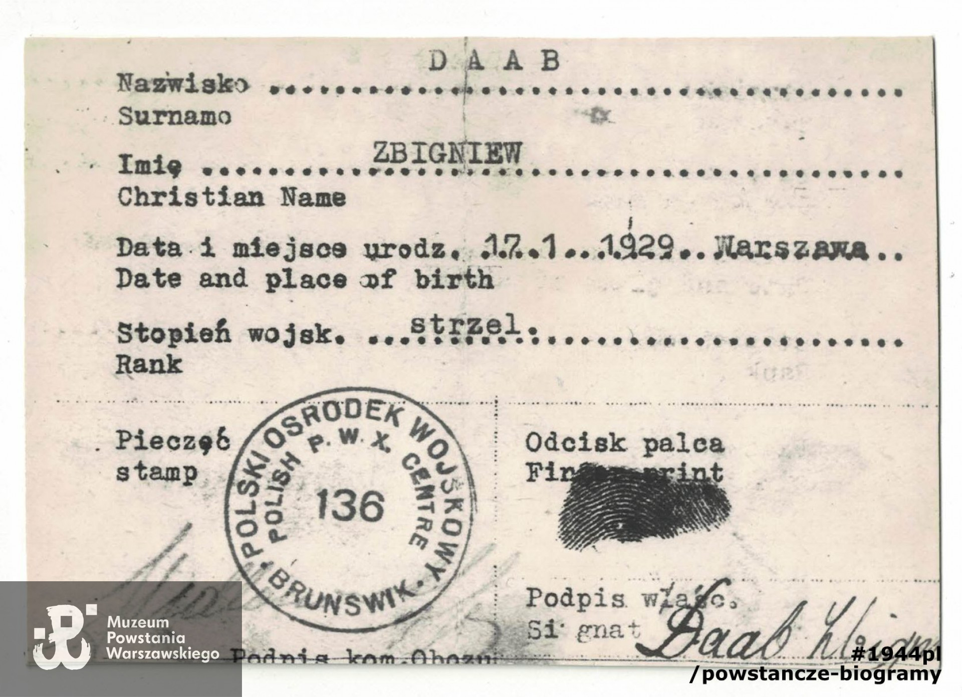 Legitymacja tymczasowa Polskich Sił Zbrojnych. Dokument wystawiony na nazwisko Zbigniew Daab. Archiwum prywatne p. Zbigniewa Daaba, skan w zasobie Pokoju Kombatanta MPW