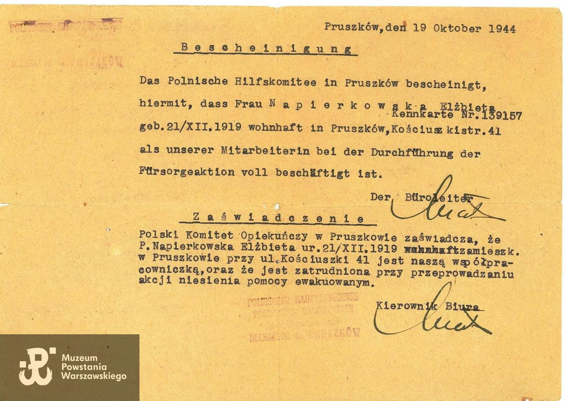 Zaświadczenie o zatrudnieniu z dnia 19.10.1944 roku wystawione przez  Polski Komitet Opiekuńczy w Pruszkowie. Ze zbiorów rodzinnych