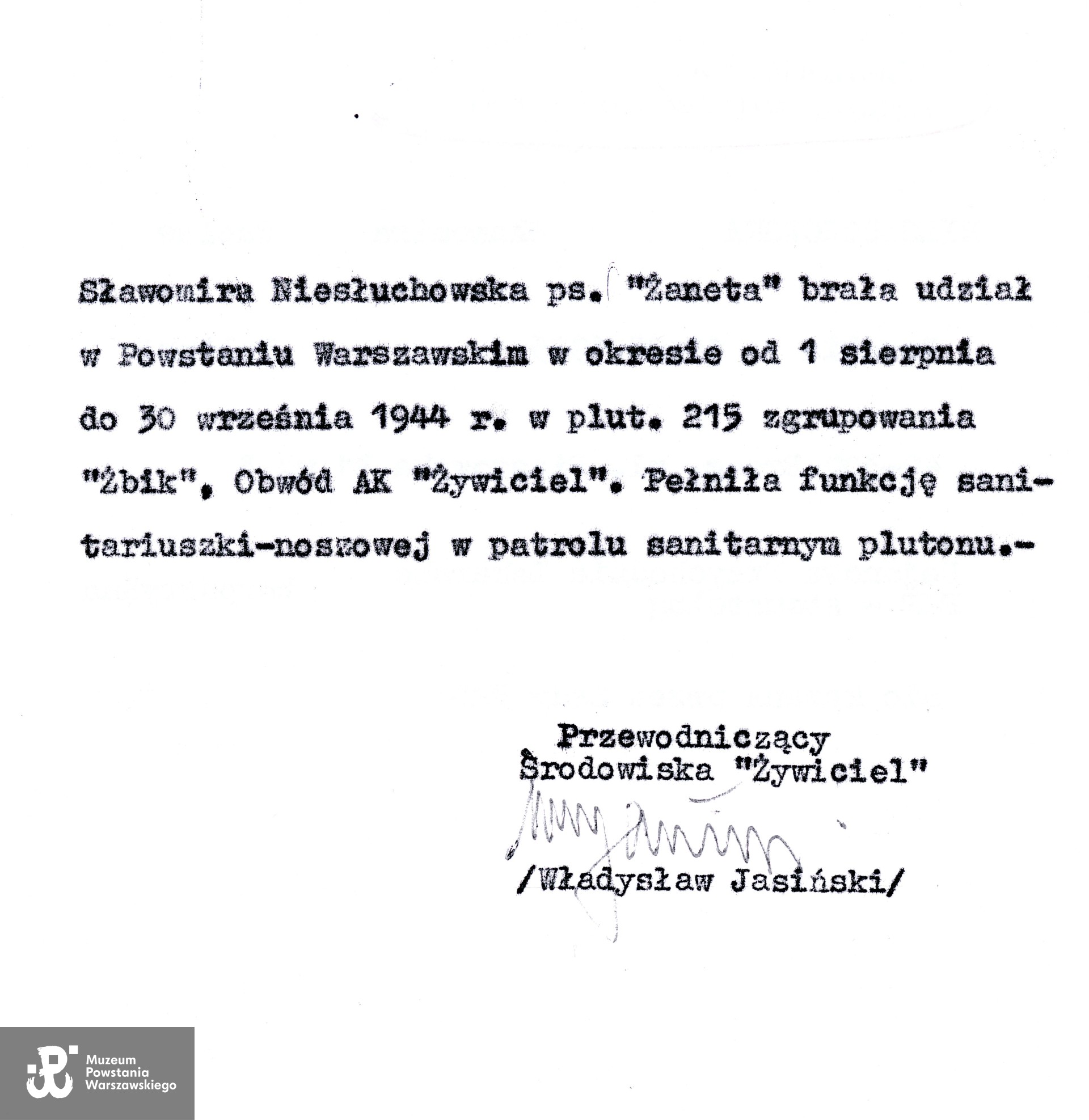 Muzeum Powstania Warszawskiego,  Teczki personalne uczestników Powstania Warszawskiego: Jaglarska Sławomira, kopia uzasadnienia wniosku do WKP