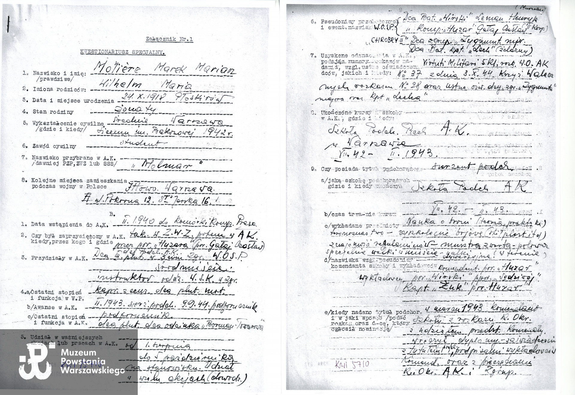 Kwestionariusz specjalny. Tu pisownia nazwiska: Molière. Źródło: SPP