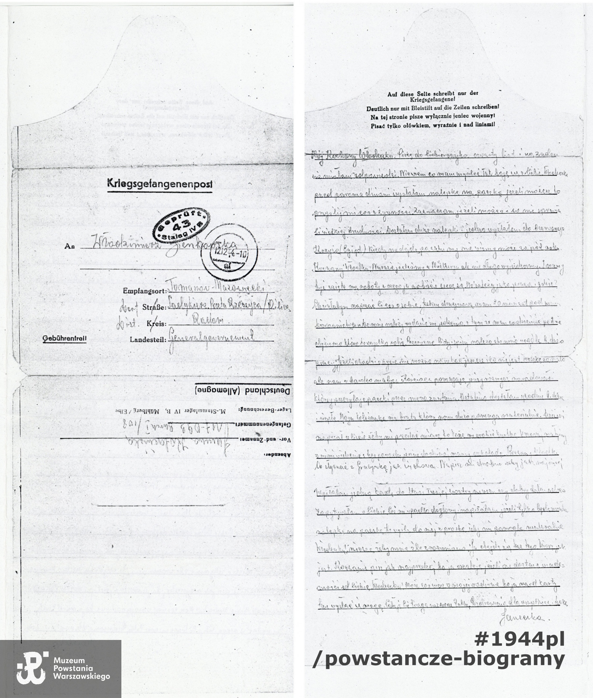 Korespondencja obozowa - list Janiny Kolasińskiej do Włodzimierza Bieńkowskiego