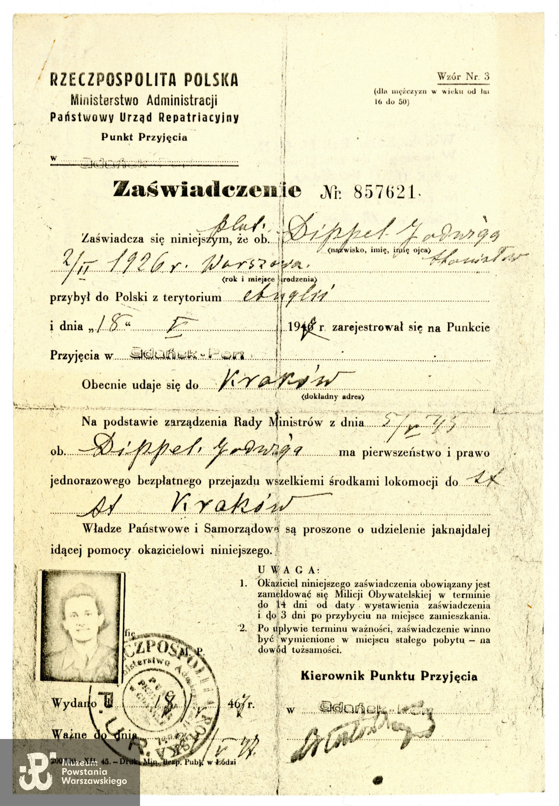 Kserokopia zaświadczenia Państwowego Urzędu Repatriacyjnego (PUR)