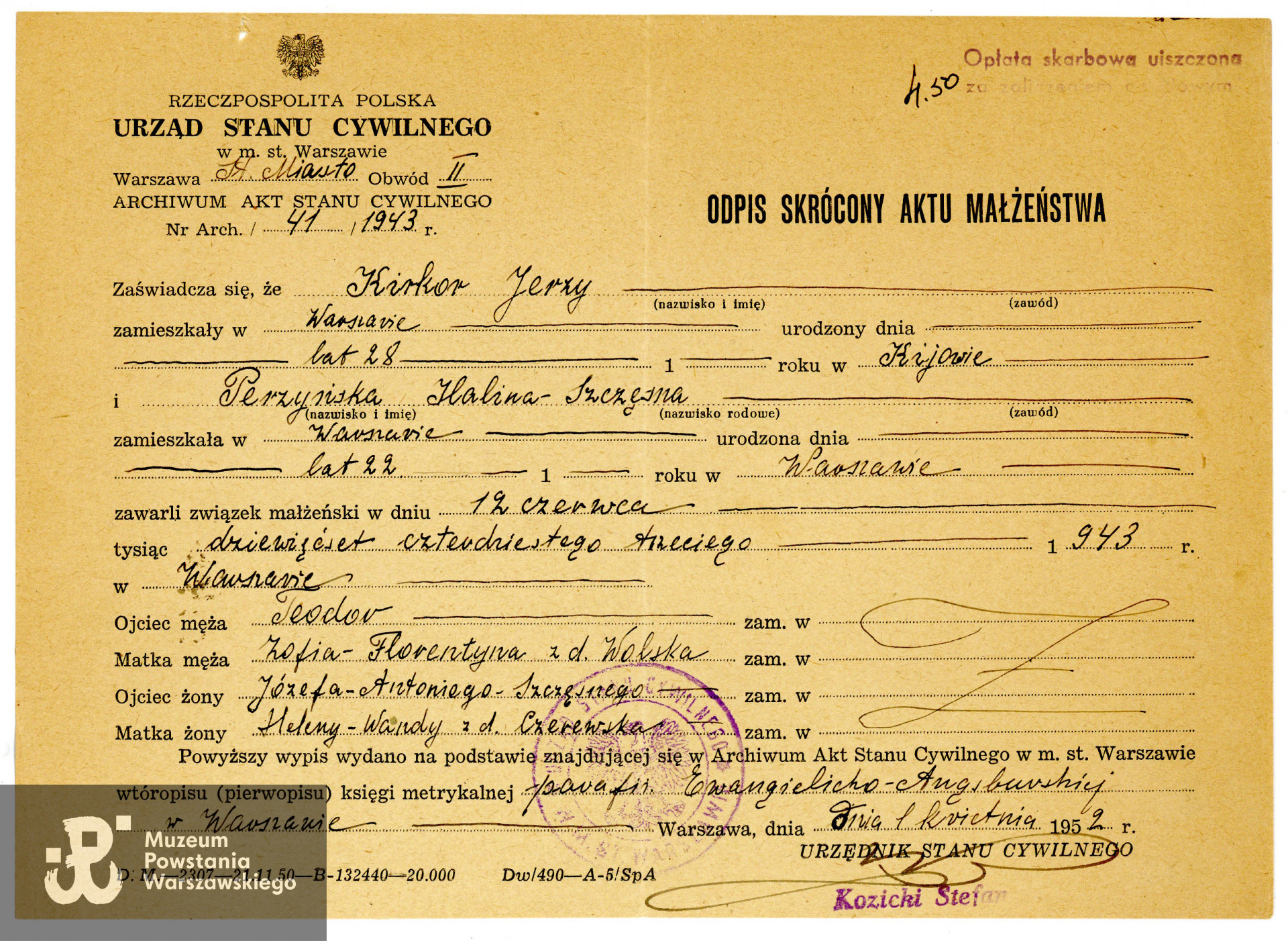 Odpis skrócony aktu małżeństwa Jerzego Kirkowa i Haliny Szczęsnej Perzyńskiej. Dokument ze zbiorów rodzinnych, w imieniu Mamy, p. Joanny Wymann, udostępniła p. Helena Schaer, wnuczka Haliny Kirkor