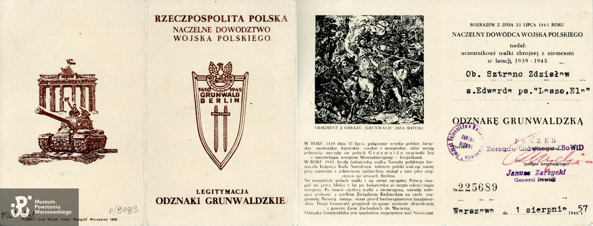Legitymacja Odznaki Grunwaldzkiej, nadanej przez władze komunistyczne Zdzisławowi Sztrancowi. Zbiory Muzeum Powstania Warszawskiego; sygn. MPW-A-9731.