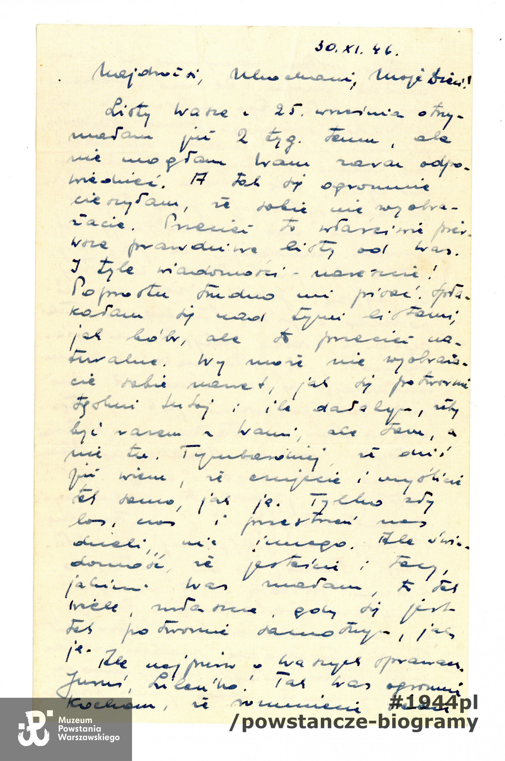 List Marii Kurpińskiej do rodziny.  Ze zbiorów Muzeum Powstania Warszawskiego, sygn. P/9613/22