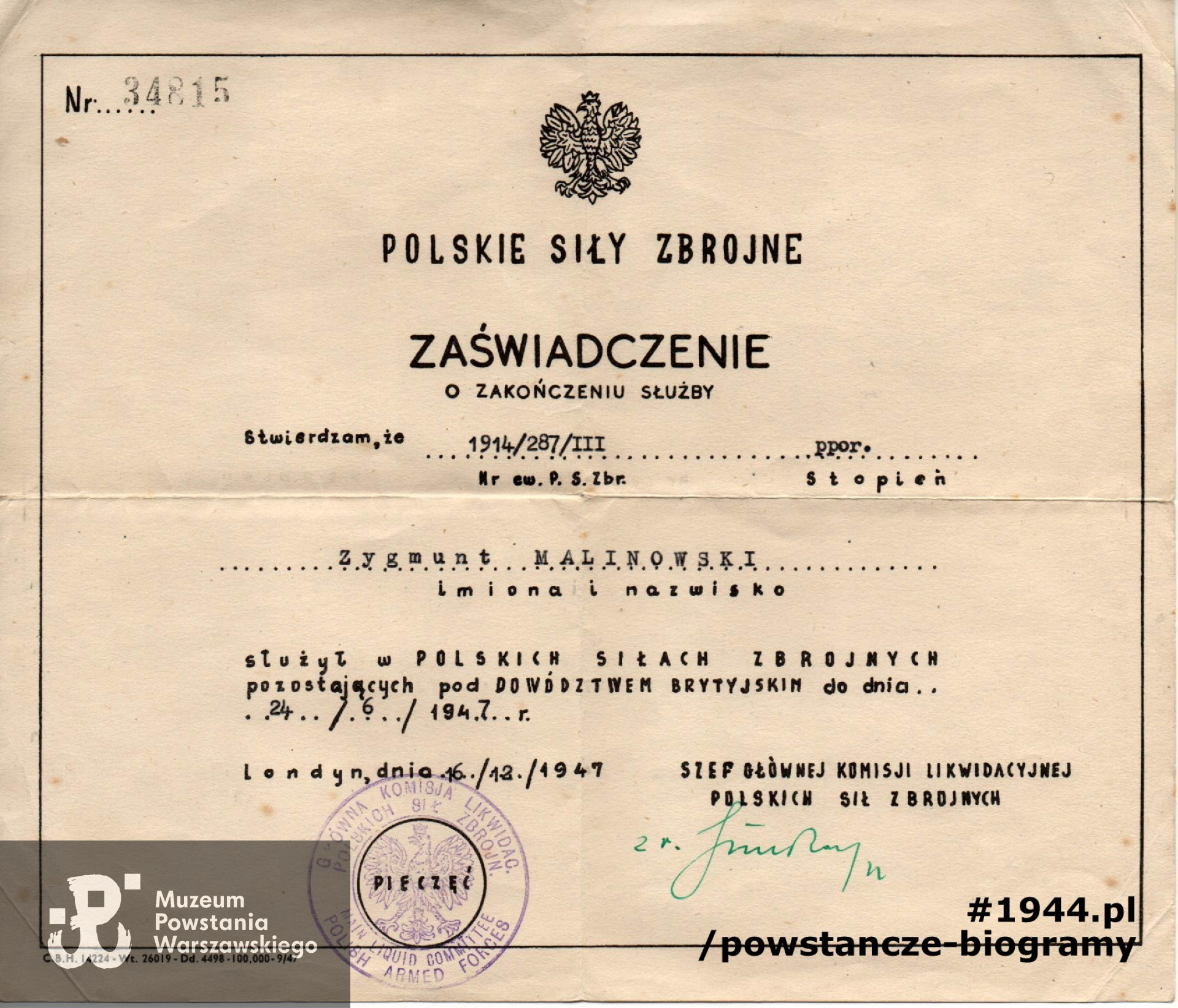  Zaświadczenie PSZ o zakończeniu służby. Ze zbiorów rodzinnych p. Ryszarda Malinowskiego.