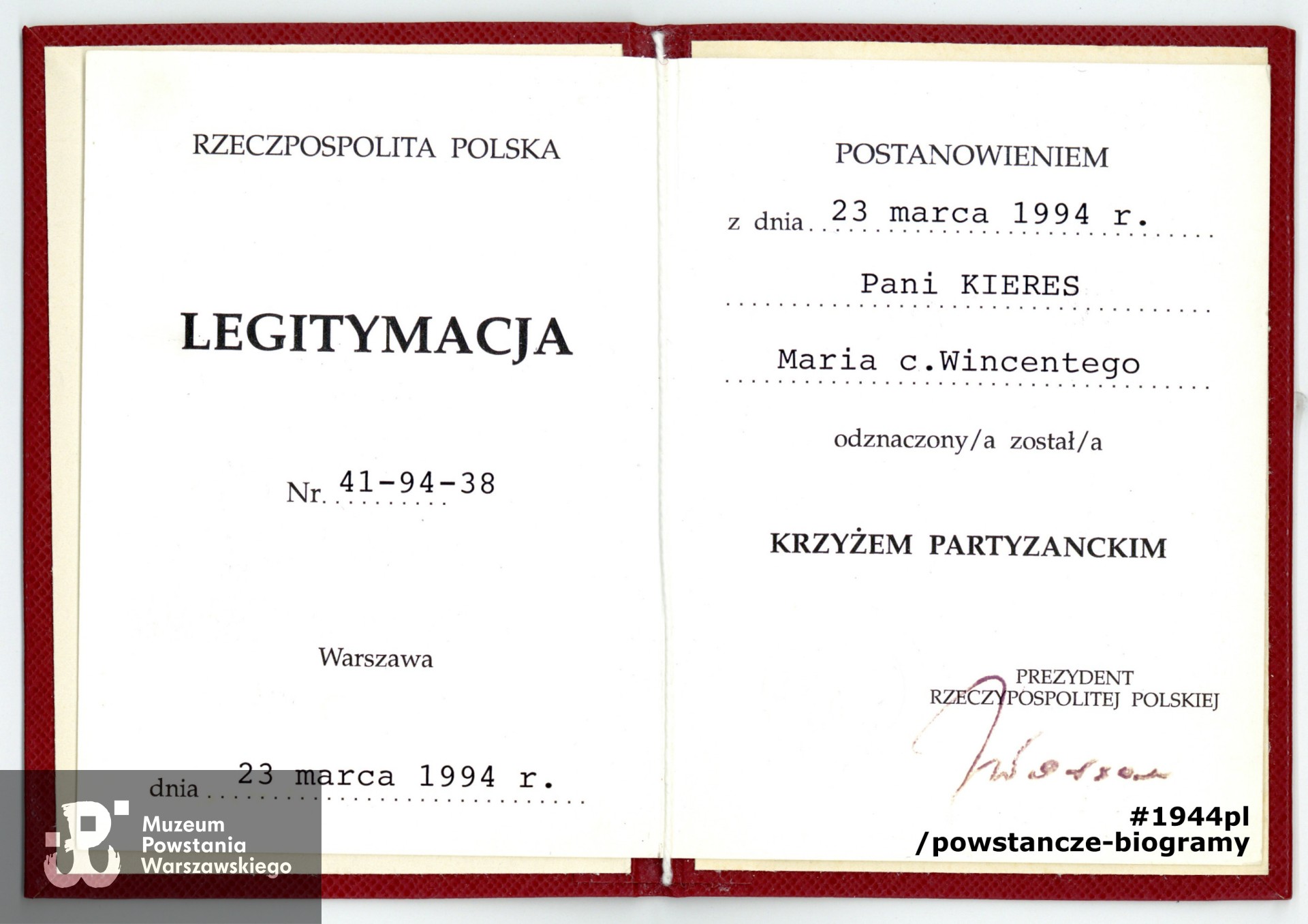 Krzyż Partyzancki. Legitymacja odznaczeniowa ze zbiorów rodzinnych p. Joanny Kozłowskiej, córki