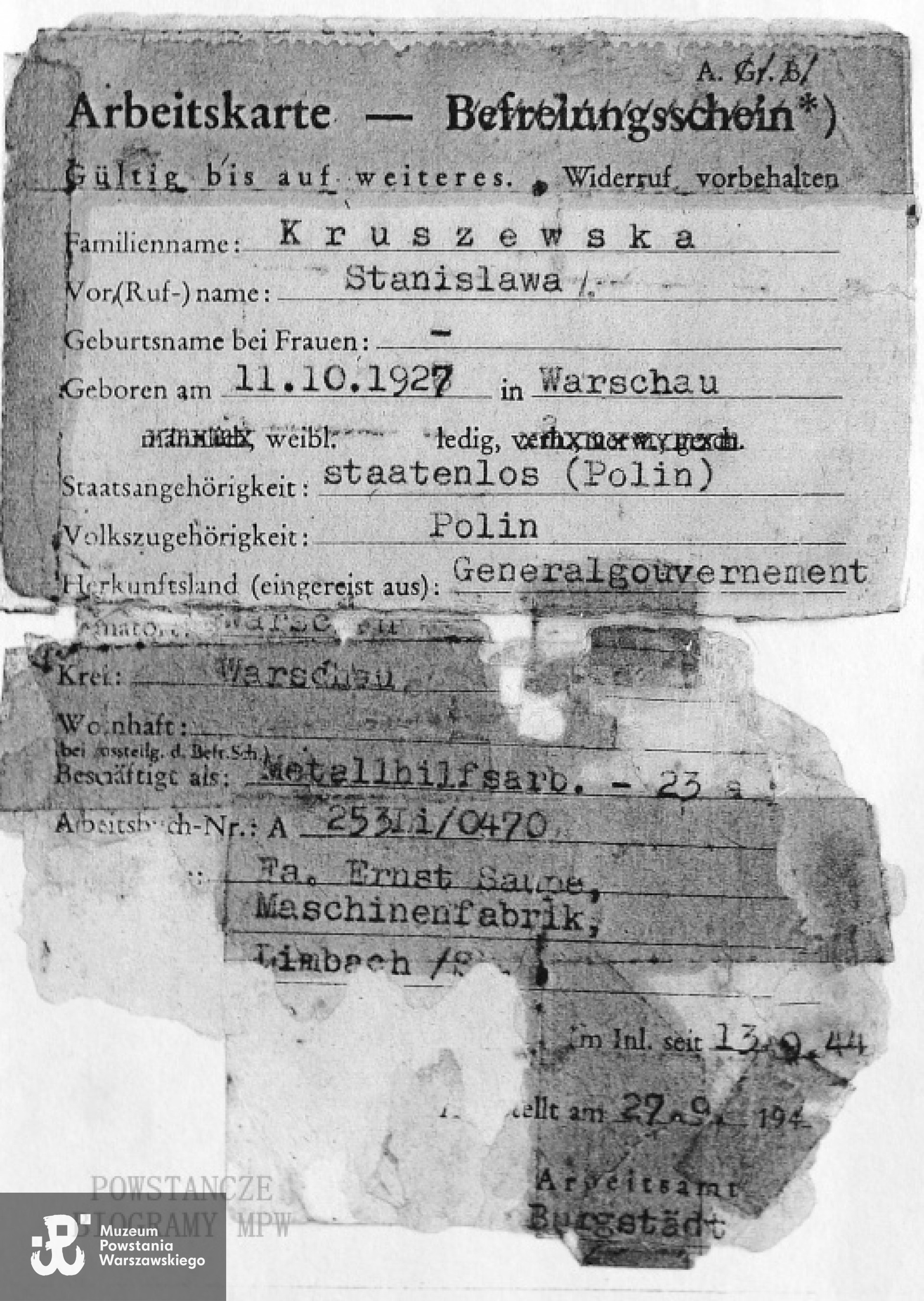 Karta pracy (Arbeitskarte) z pobytu Stanisławy Kruszewskiej w obozie pracy. Fot. z archiwum rodzinnego Marii Holki.