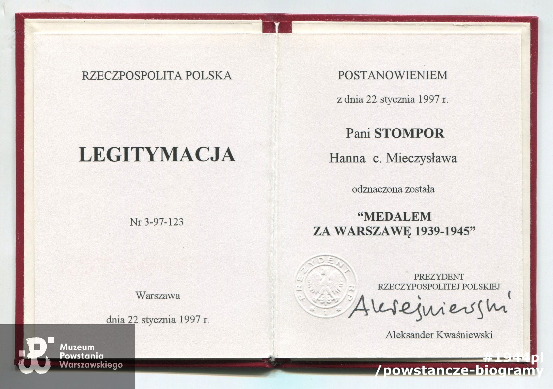 Dokument ze zbiorów rodzinnych p. Hanny Stompor z domu Modrzyckiej