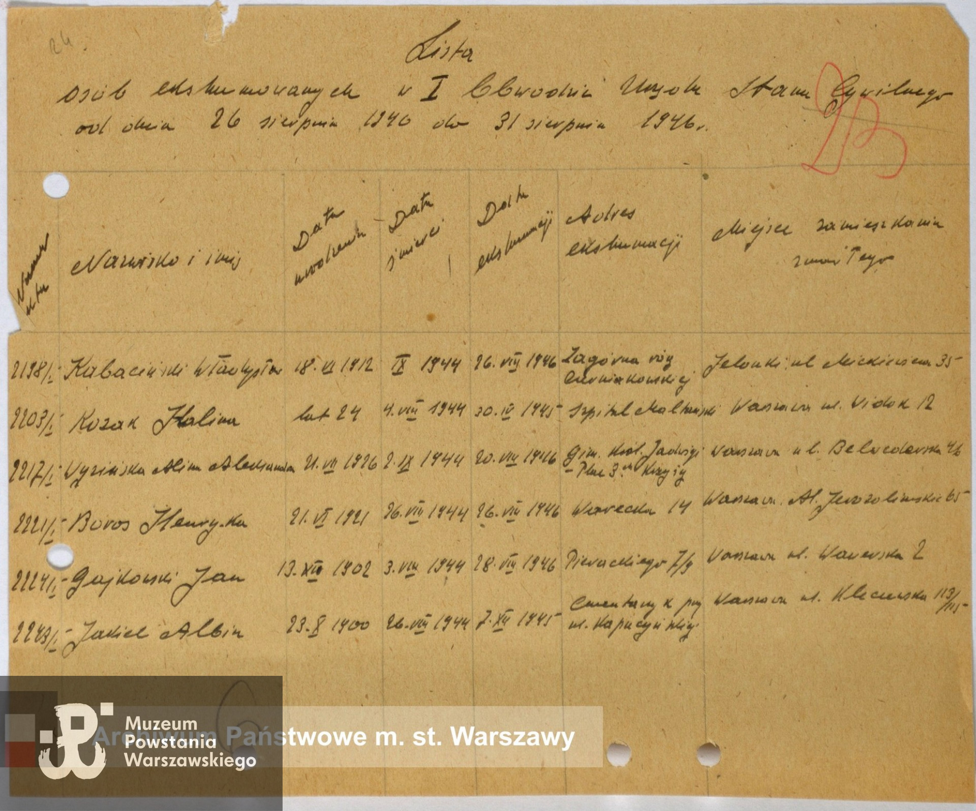 Archiwum Państwowe m. st. Warszawy - listy ekshumowanych