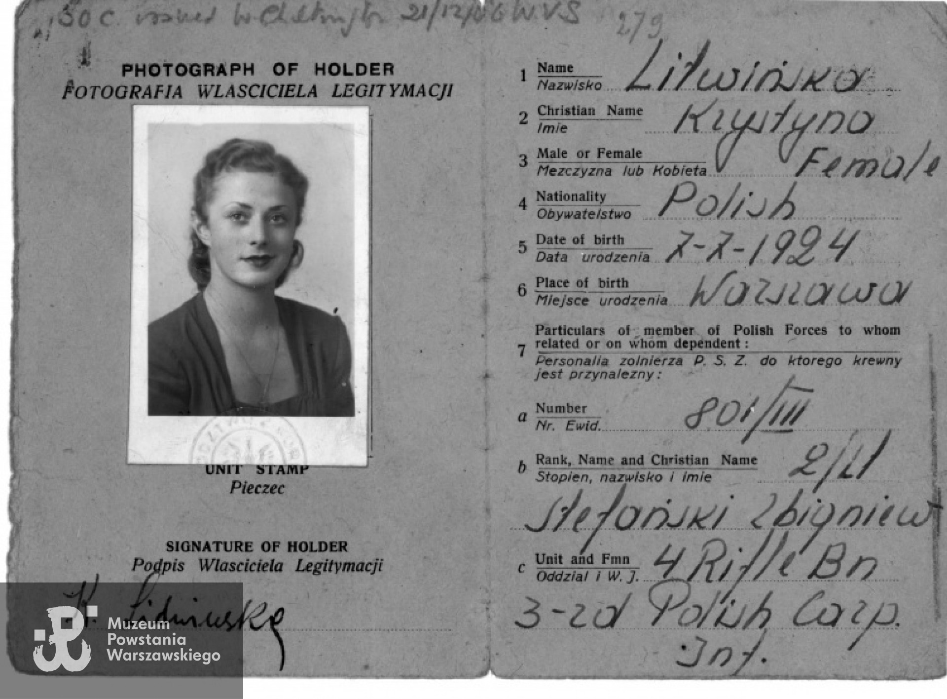 British Identity Card Krystyny Litwińskiej ( grudzień 1946 r.) Ze zbiorów rodzinnych Joe Sobolewskiego