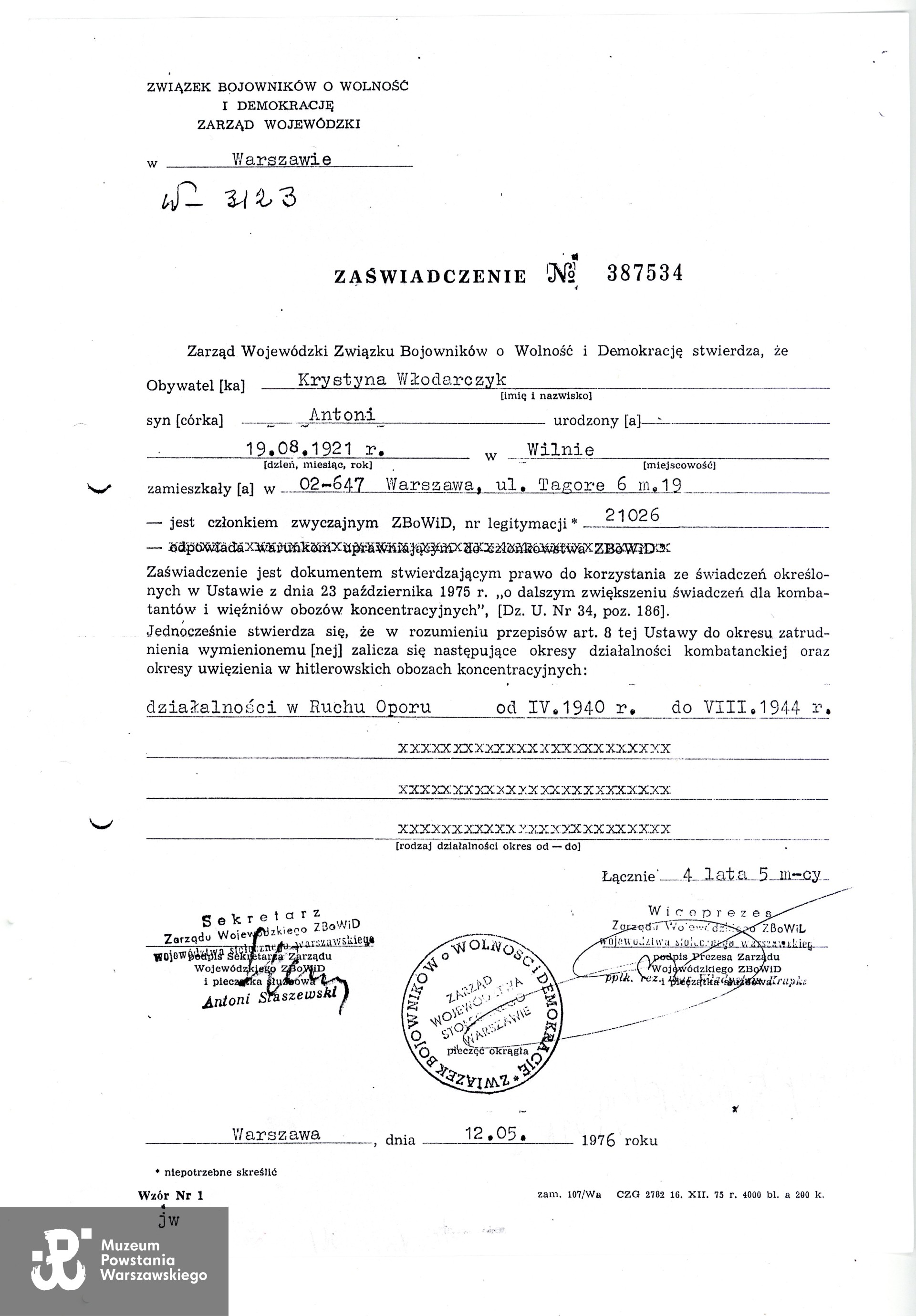 Muzeum Powstania Warszawskiego, Teczki personalne uczestników Powstania Warszawskiego: Dembska Krystyna Wanda