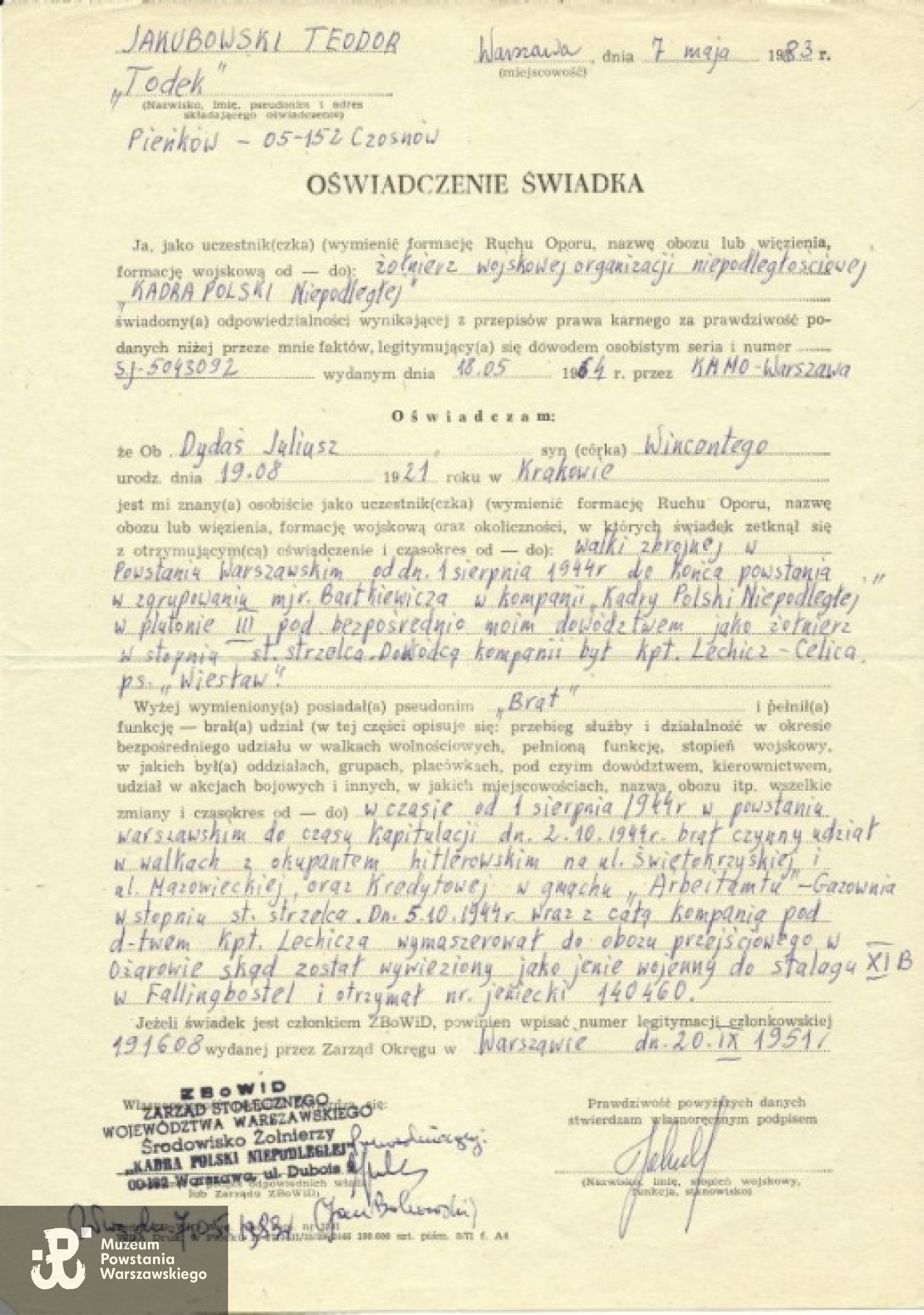 Oświadczenie Teodora Jakubowskiego 'Todka" dla Związku Bojowników o Wolność i Demokrację - 1983 rok. Z archiwum rodzinnego Jerzego Józefa Dydasia