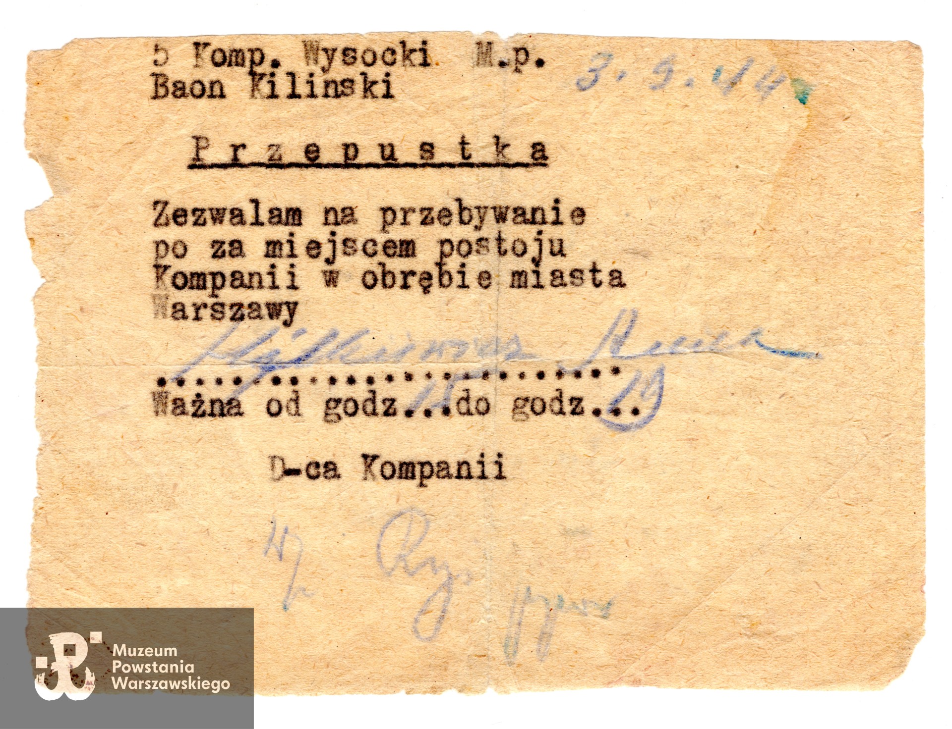 Przepustka wystawiona przez dowództwo 5 kompanii bat. "Kiliński" w dniu 3.09.1944 na nazwisko sanit. Anny Hilkiewicz zezwalająca na poruszanie się w obrębie Warszawy.  Dokument ze zbiorów rodzinnych, udostępniła p. Małgorzata Sielska-Piątkowska, siostrzenica. Skany wykonano w Dziale Kombatanta, 08/2024